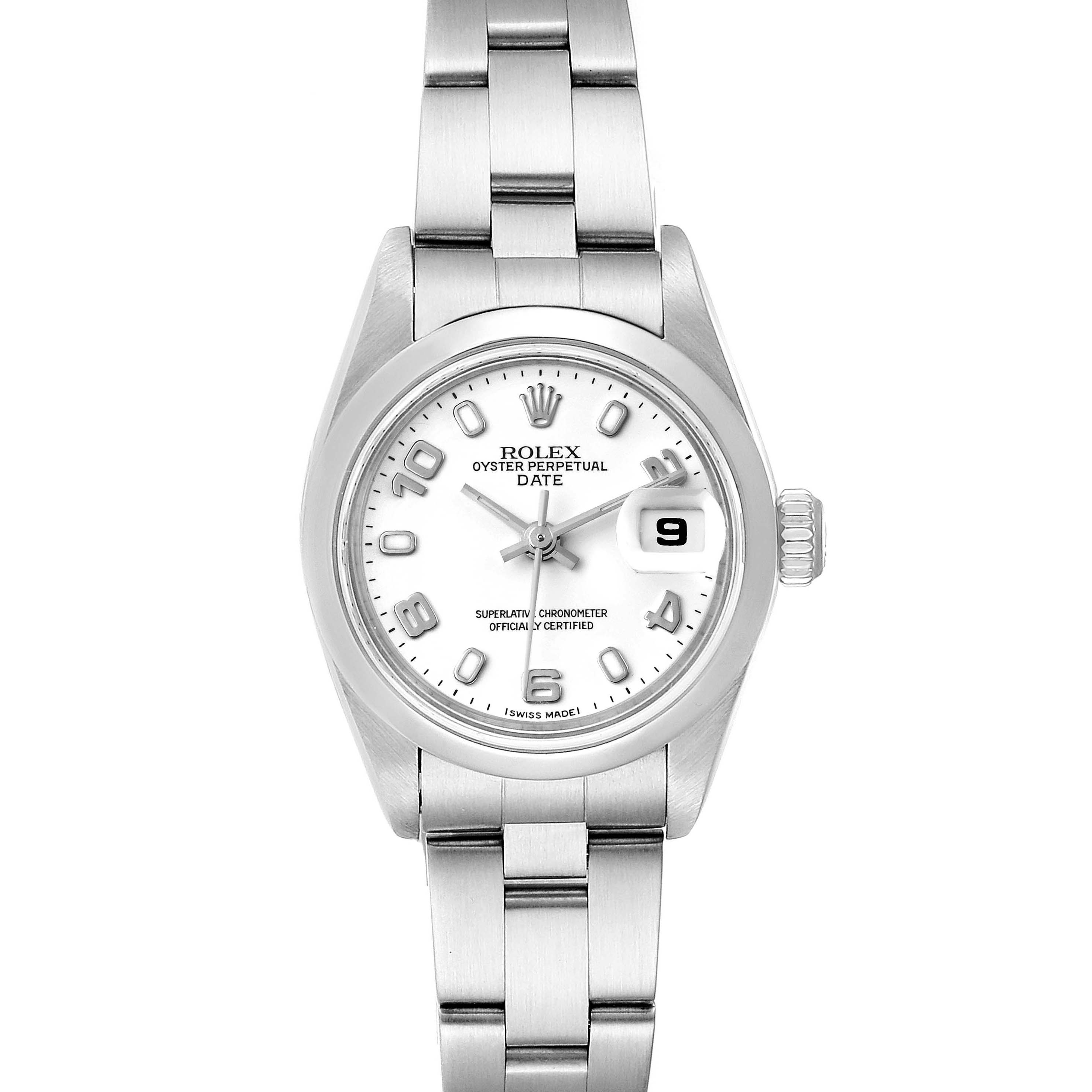 The image shows a Rolex Date 79160 Women's Stainless Steel White Dial 79160 Women's Stainless Steel White Dial model watch from a front angle, highlighting the dial, bezel, crown, and bracelet.