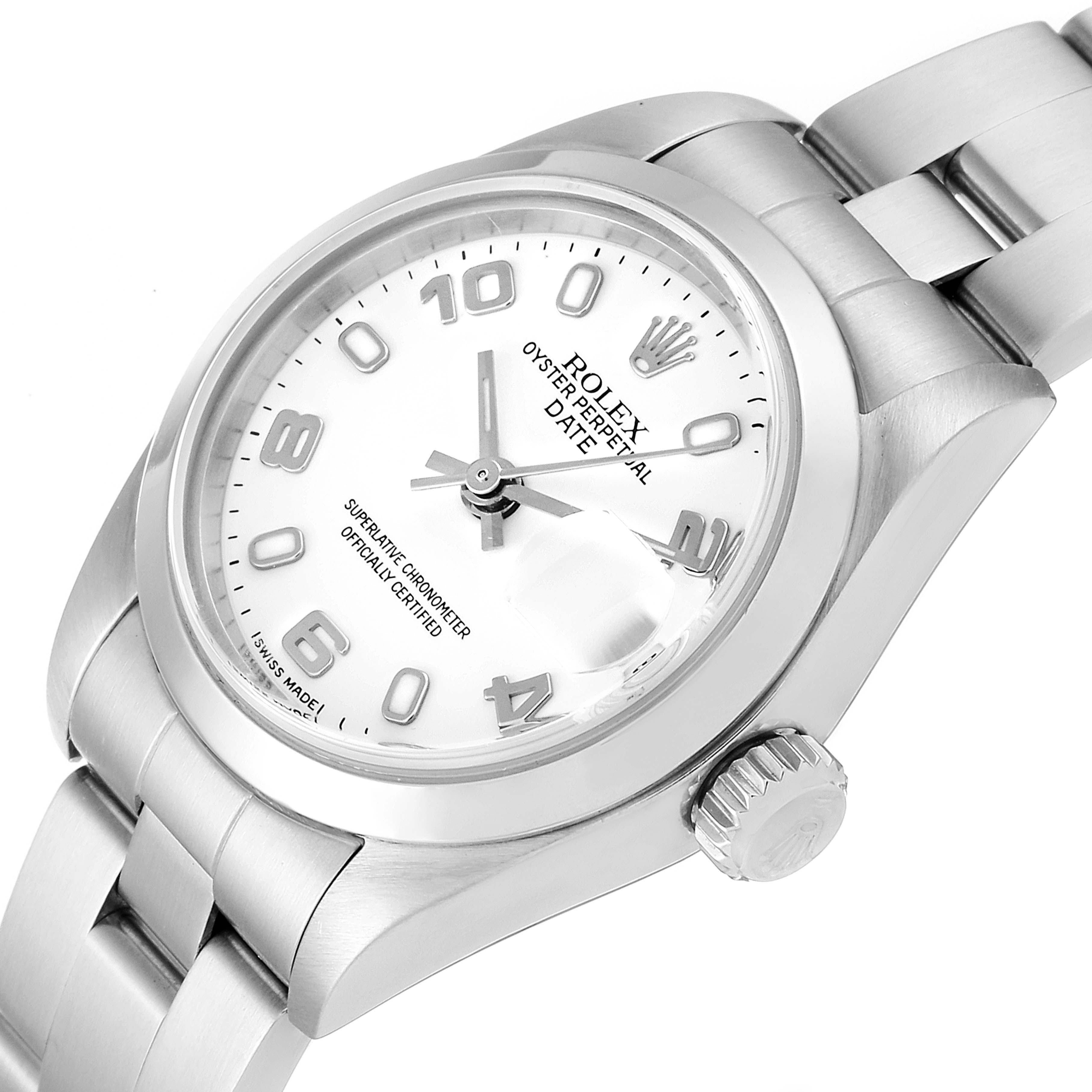 The image shows a close-up, angled view of a Rolex Oyster Perpetual Date watch, highlighting the dial, crown, and part of the bracelet.