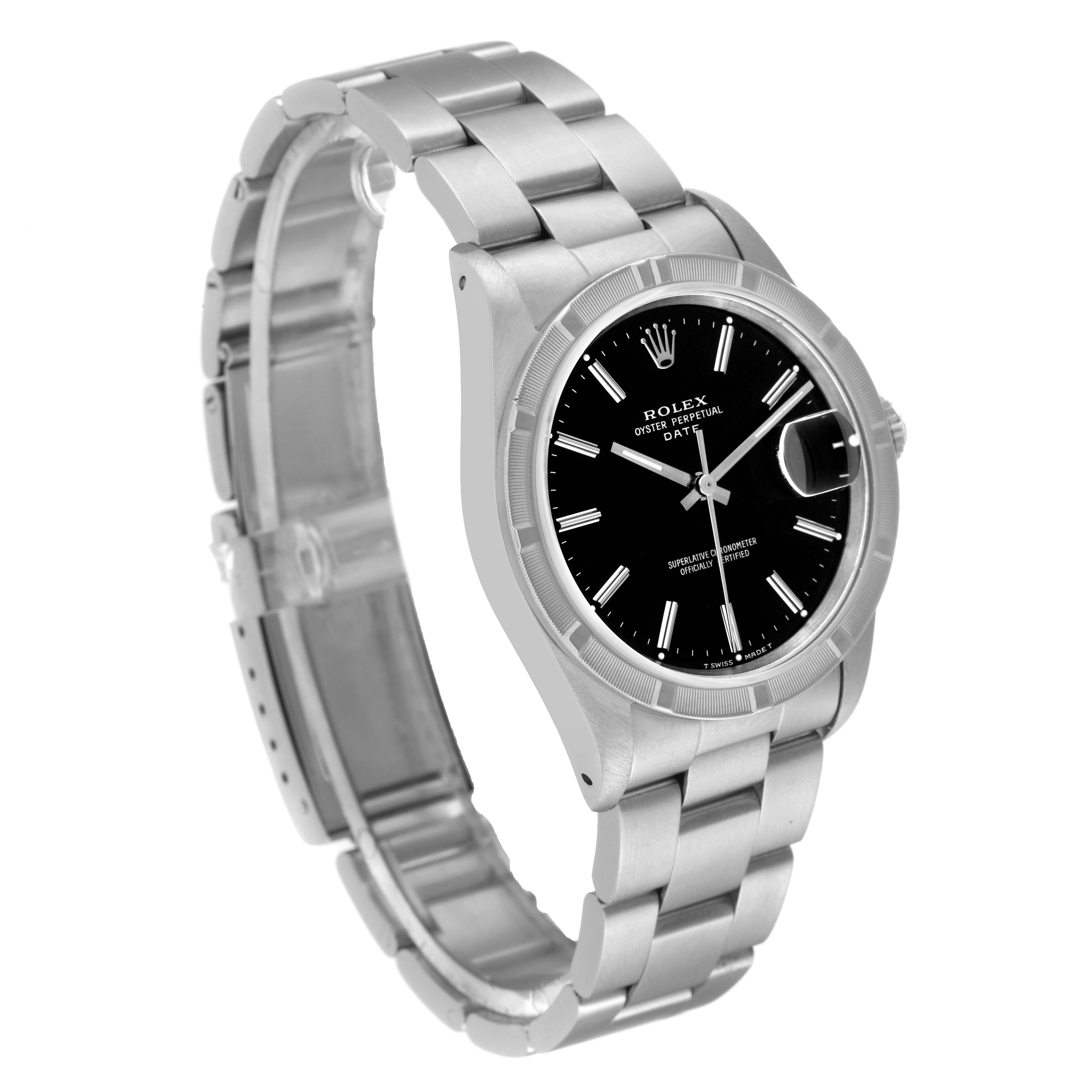 This image shows a Rolex Date 15210 Men's Stainless Steel Black Dial 15210 Men's Stainless Steel Black Dial model watch angled to display its dial, bezel, and bracelet.