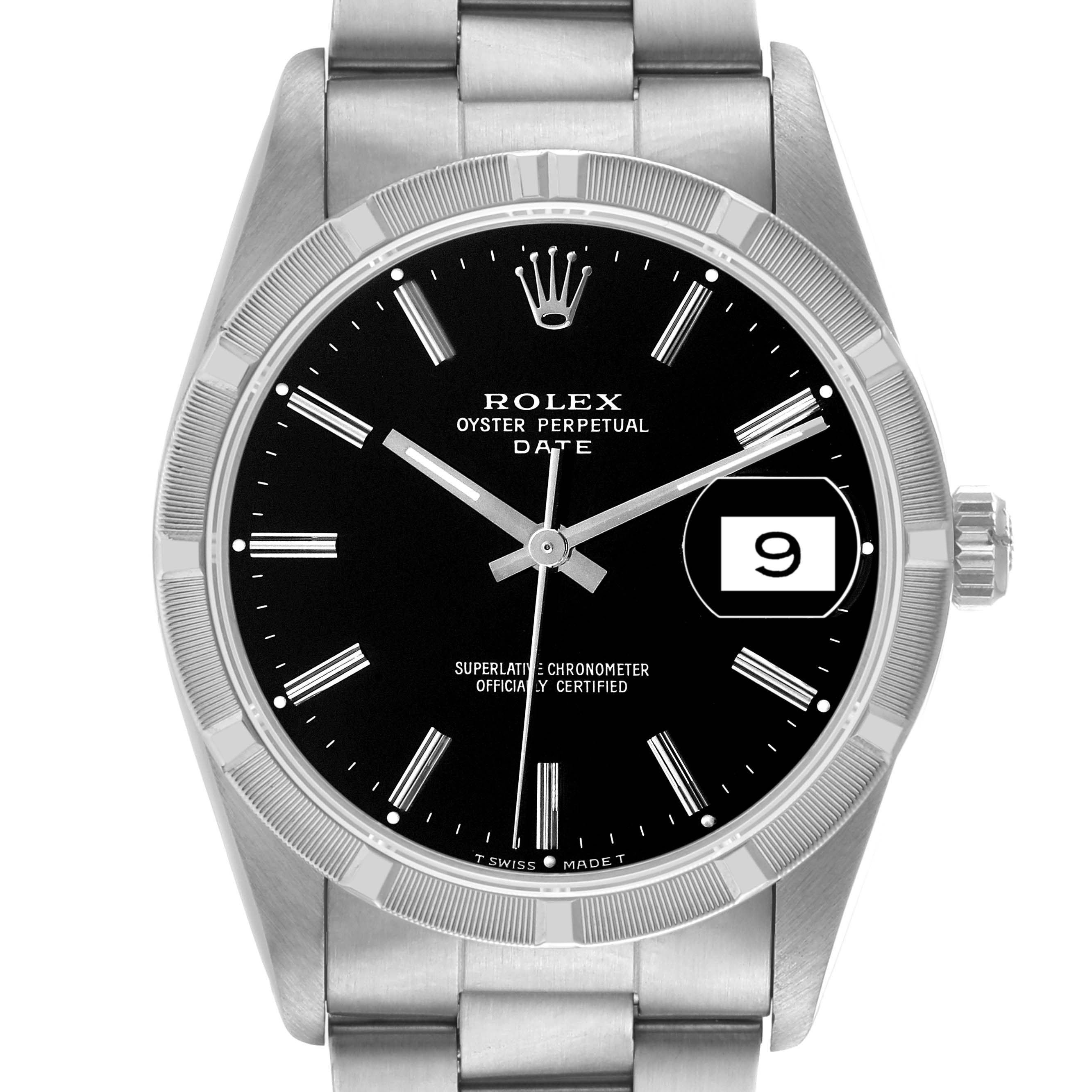 The image shows a front view of the Rolex Date 15210 Men's Stainless Steel Black Dial 15210 Men's Stainless Steel Black Dial model watch, highlighting the dial, hands, date window, bezel, and part of the bracelet.
