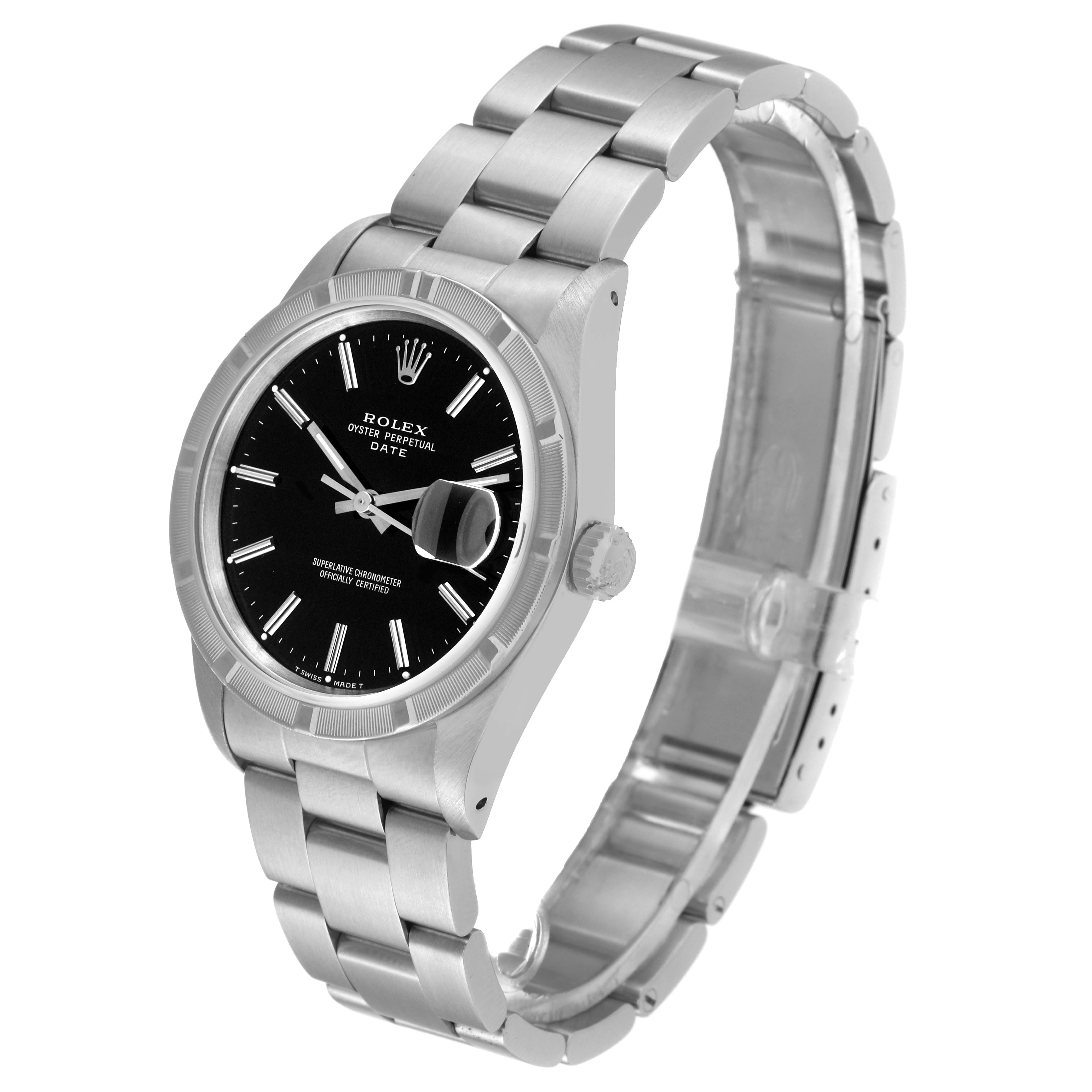 This image shows a Rolex Date 15210 Men's Stainless Steel Black Dial 15210 Men's Stainless Steel Black Dial model watch at a slight side angle, displaying the face, bezel, bracelet, and clasp.