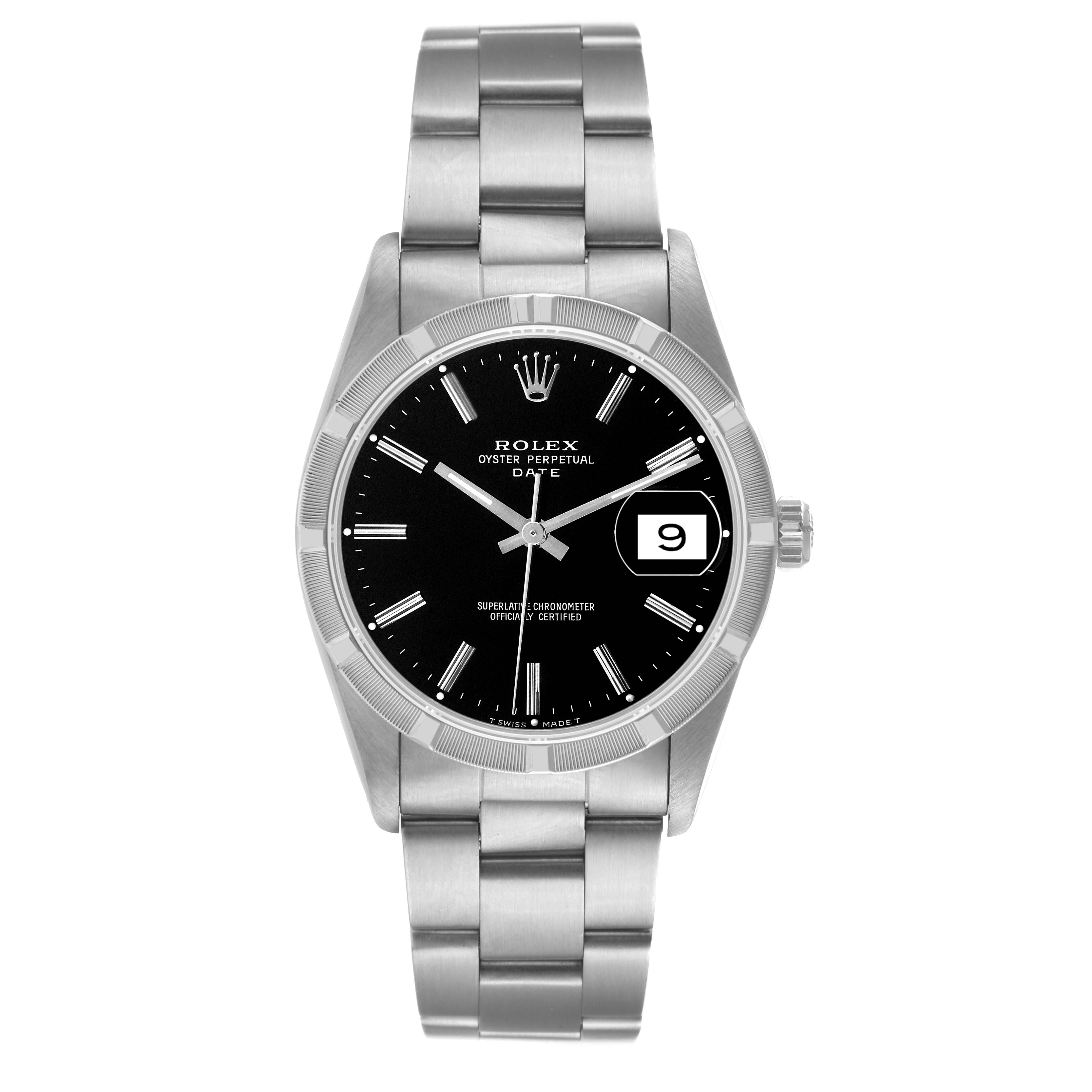 The image shows a Rolex Date 15210 Men's Stainless Steel Black Dial 15210 Men's Stainless Steel Black Dial model watch from the front, highlighting the face, bezel, and bracelet.