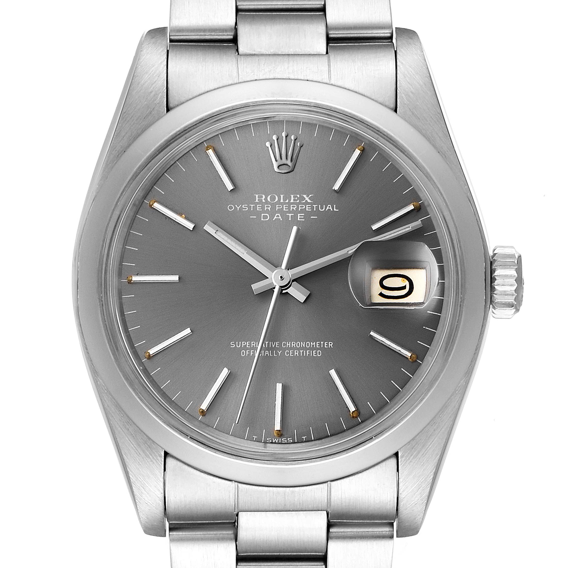 The image shows a front view of a Rolex Vintage Collection 1500 Men
s Stainless Steel Grey Dial 1500 Men
s Stainless Steel Grey Dial model, highlighting the face, date window, and part of the bracelet.