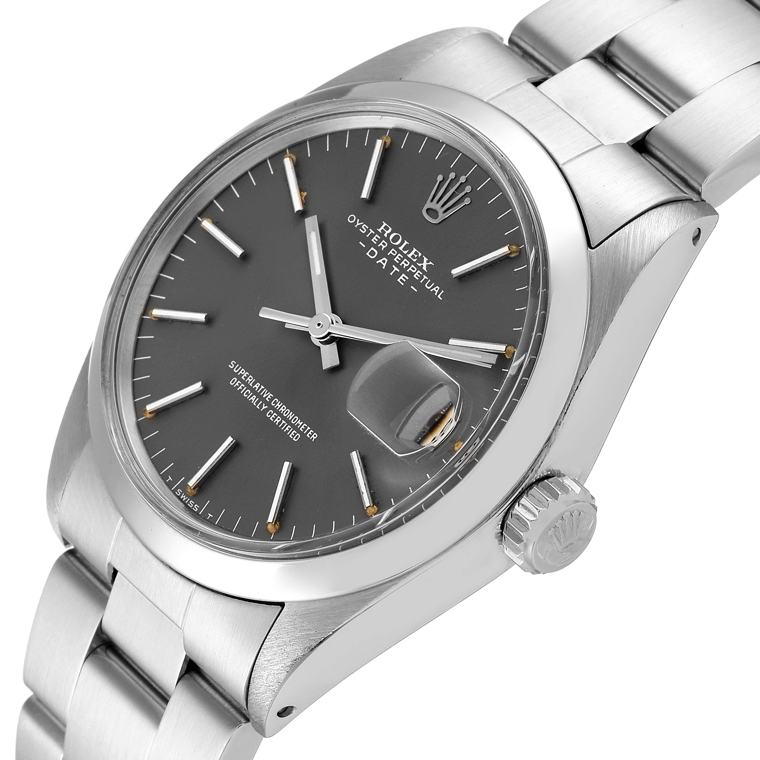 The image shows a side angle of the Rolex Vintage Collection 1500 Men
s Stainless Steel Grey Dial 1500 Men
s Stainless Steel Grey Dial watch, highlighting the dial, date window, and crown.