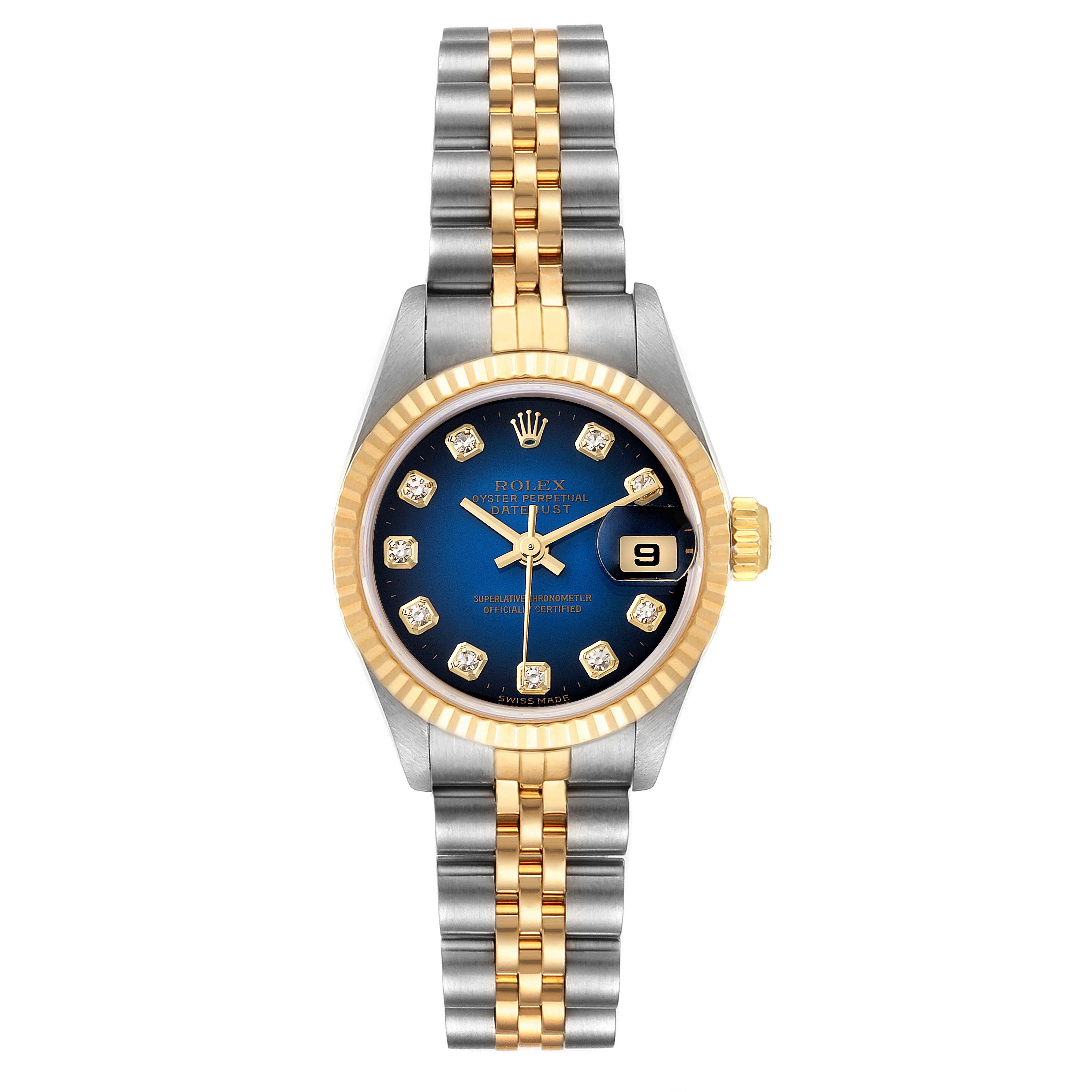 The image shows a front view of a Rolex Datejust 69173 Women's Steel and Gold (two tone) Blue Dial 69173 Women's Steel and Gold (two tone) Blue Dial watch, displaying the dial, bezel, and bracelet.