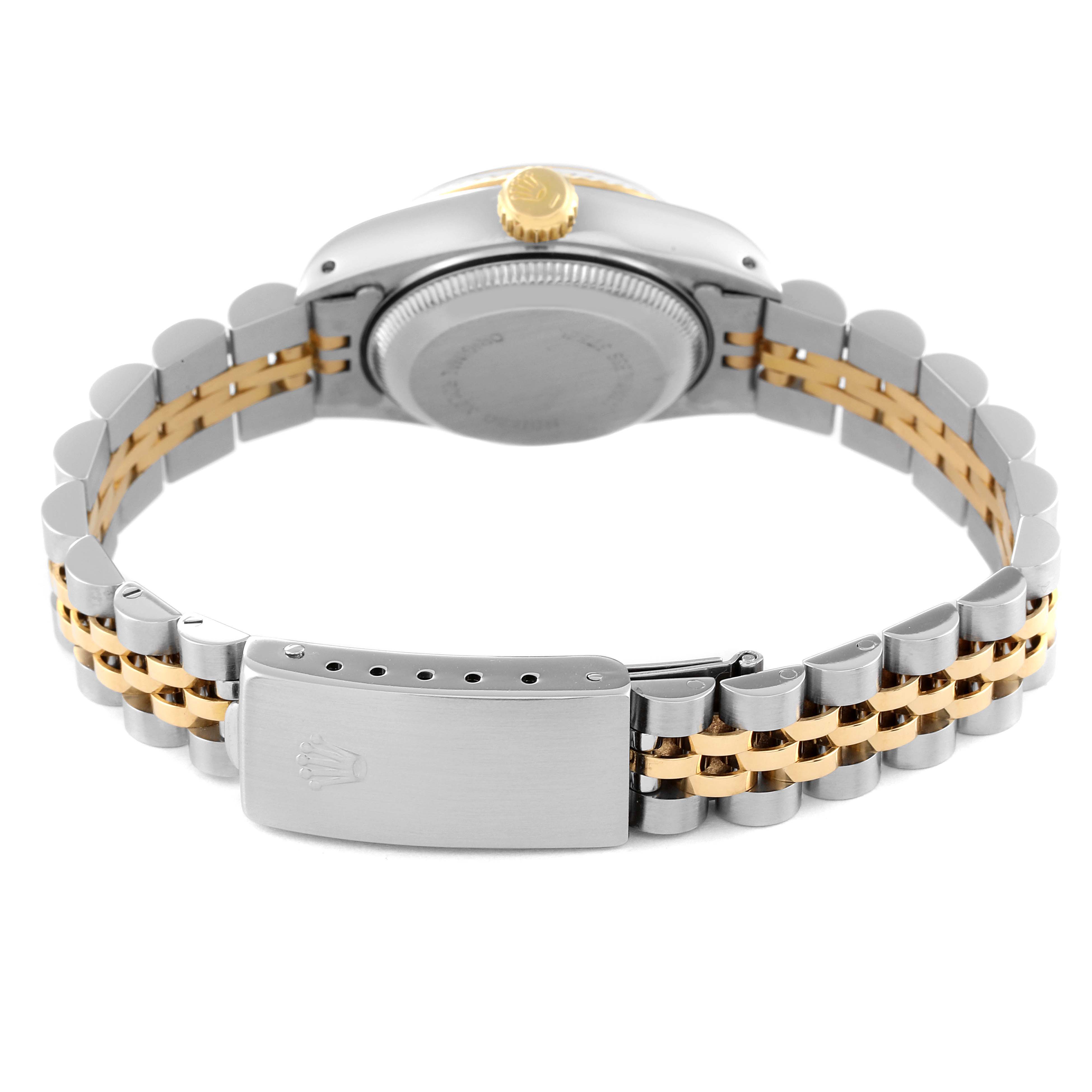 This image shows the back view of a Rolex Datejust 69173 Women's Steel and Gold (two tone) Champagne Dial 69173 Women's Steel and Gold (two tone) Champagne Dial watch, highlighting its two-tone bracelet and clasp.