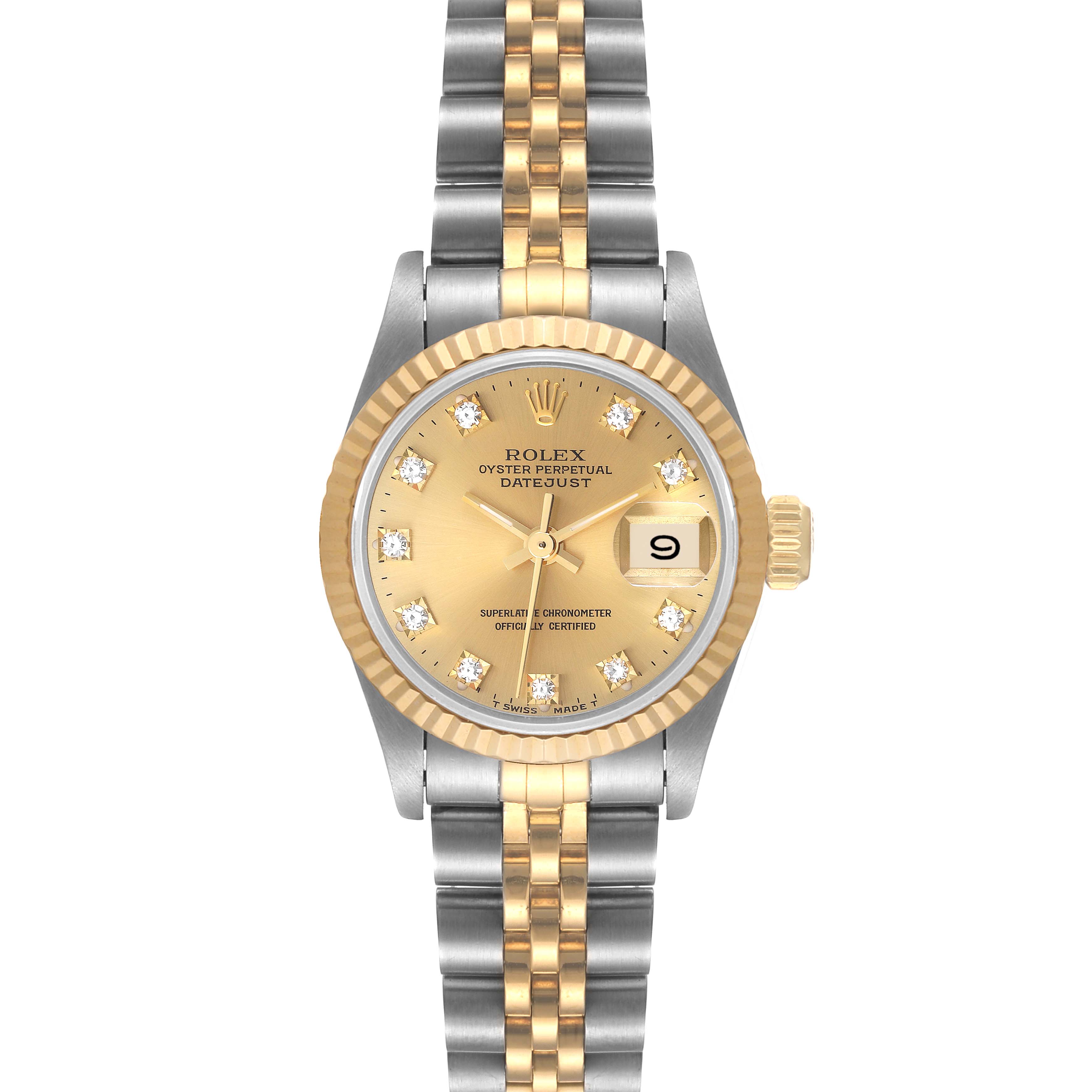 The image shows a frontal view of the Rolex Datejust 69173 Women's Steel and Gold (two tone) Champagne Dial 69173 Women's Steel and Gold (two tone) Champagne Dial watch, displaying the dial, bezel, and Jubilee bracelet.