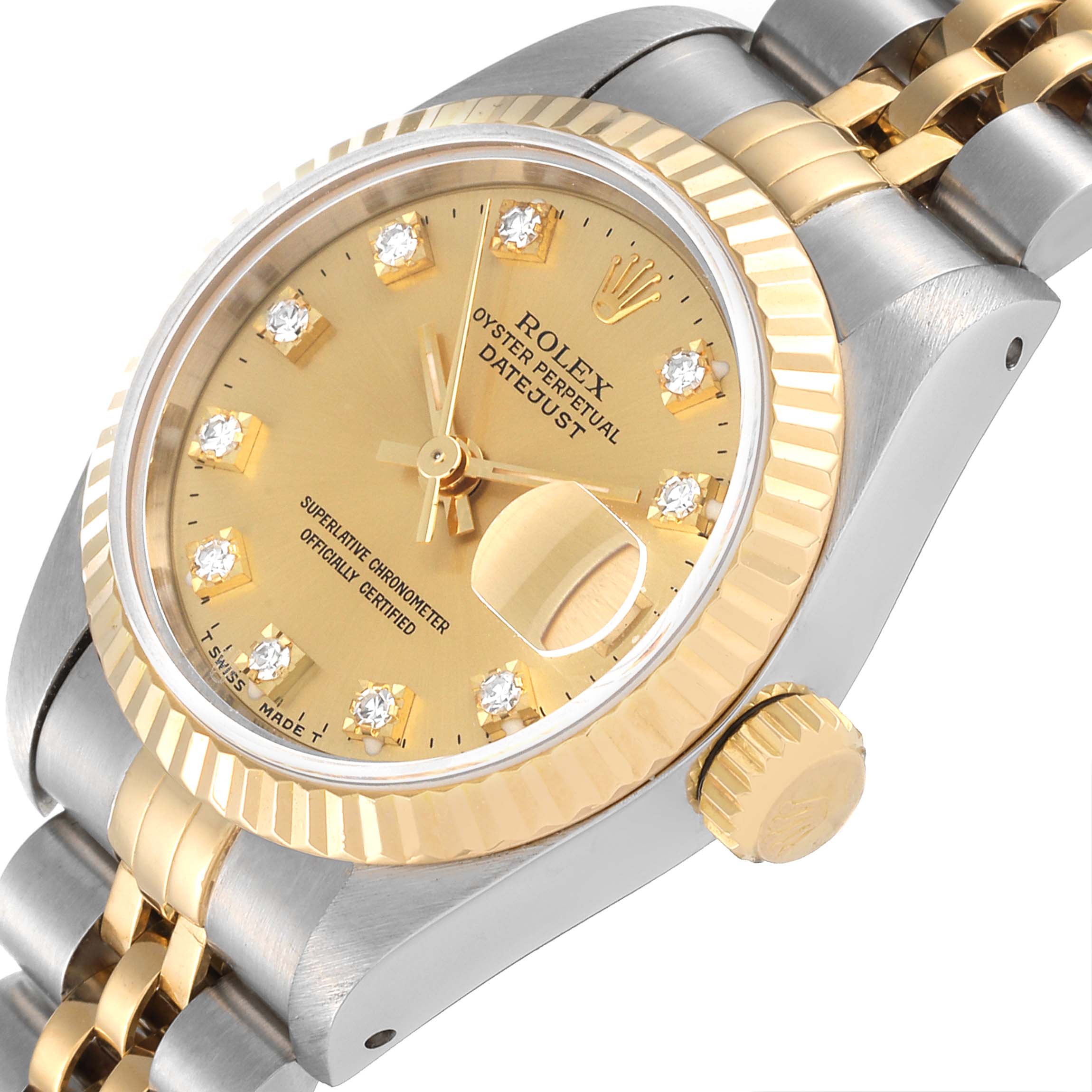 The Rolex Datejust 69173 Women's Steel and Gold (two tone) Champagne Dial 69173 Women's Steel and Gold (two tone) Champagne Dial watch is shown at an angle displaying the face, crown, fluted bezel, and part of the bracelet.