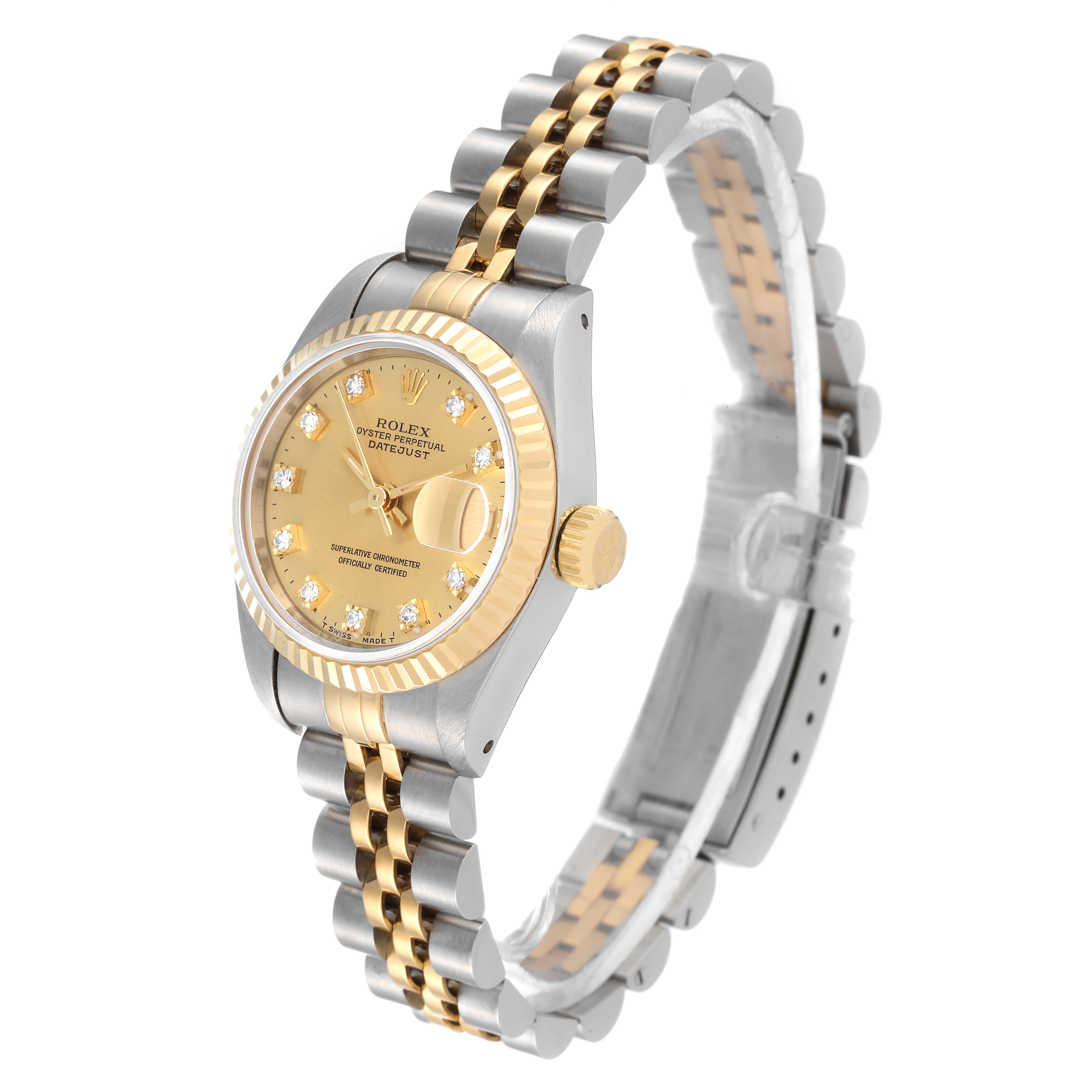 This image shows a gold and silver Rolex Datejust 69173 Women's Steel and Gold (two tone) Champagne Dial 69173 Women's Steel and Gold (two tone) Champagne Dial watch at a 3/4 angle, showcasing its face and bracelet.