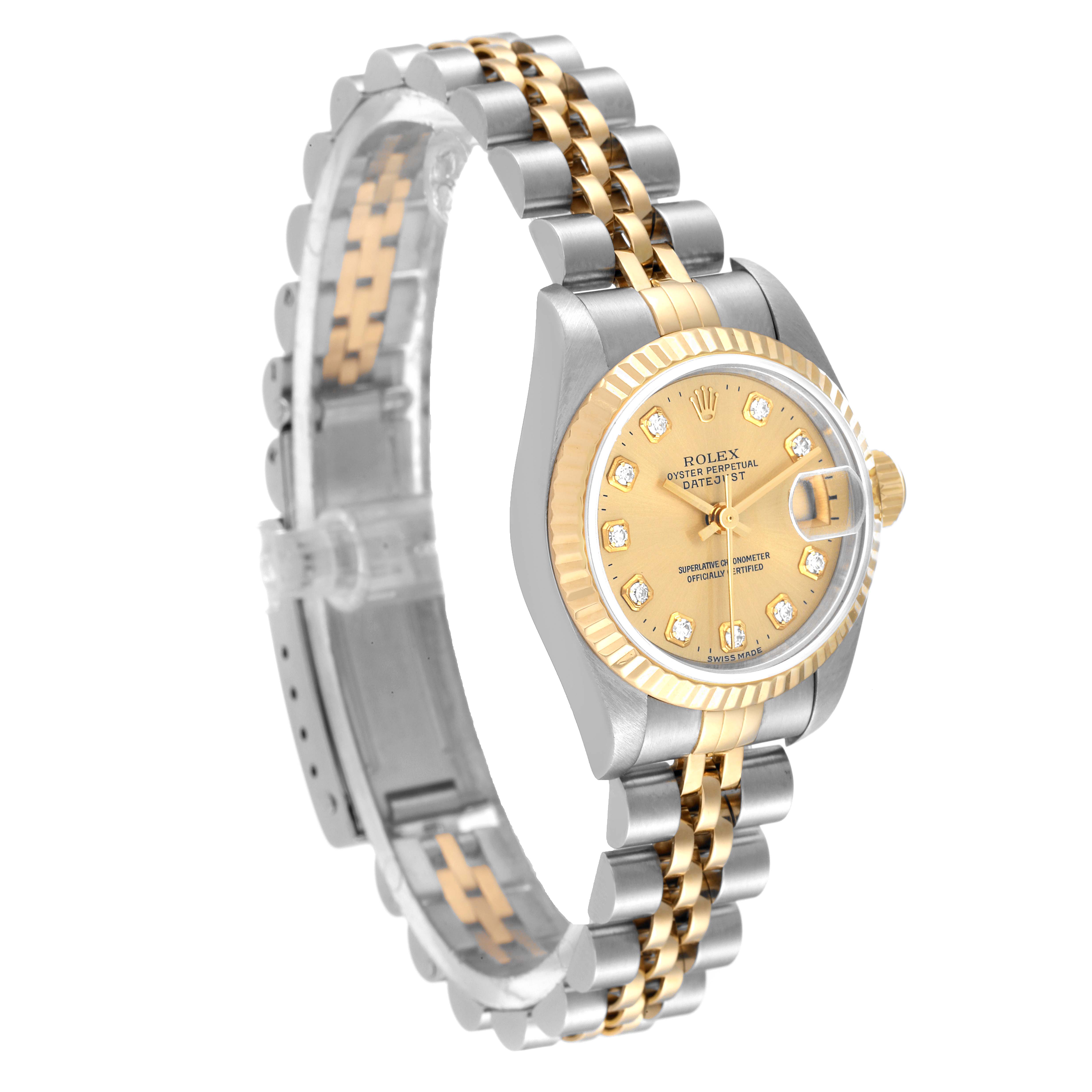 The image shows a Rolex Datejust 69173 Women's Steel and Gold (two tone) Champagne Dial 69173 Women's Steel and Gold (two tone) Champagne Dial watch at a three-quarter angle, highlighting its two-tone bracelet and diamond-set dial.