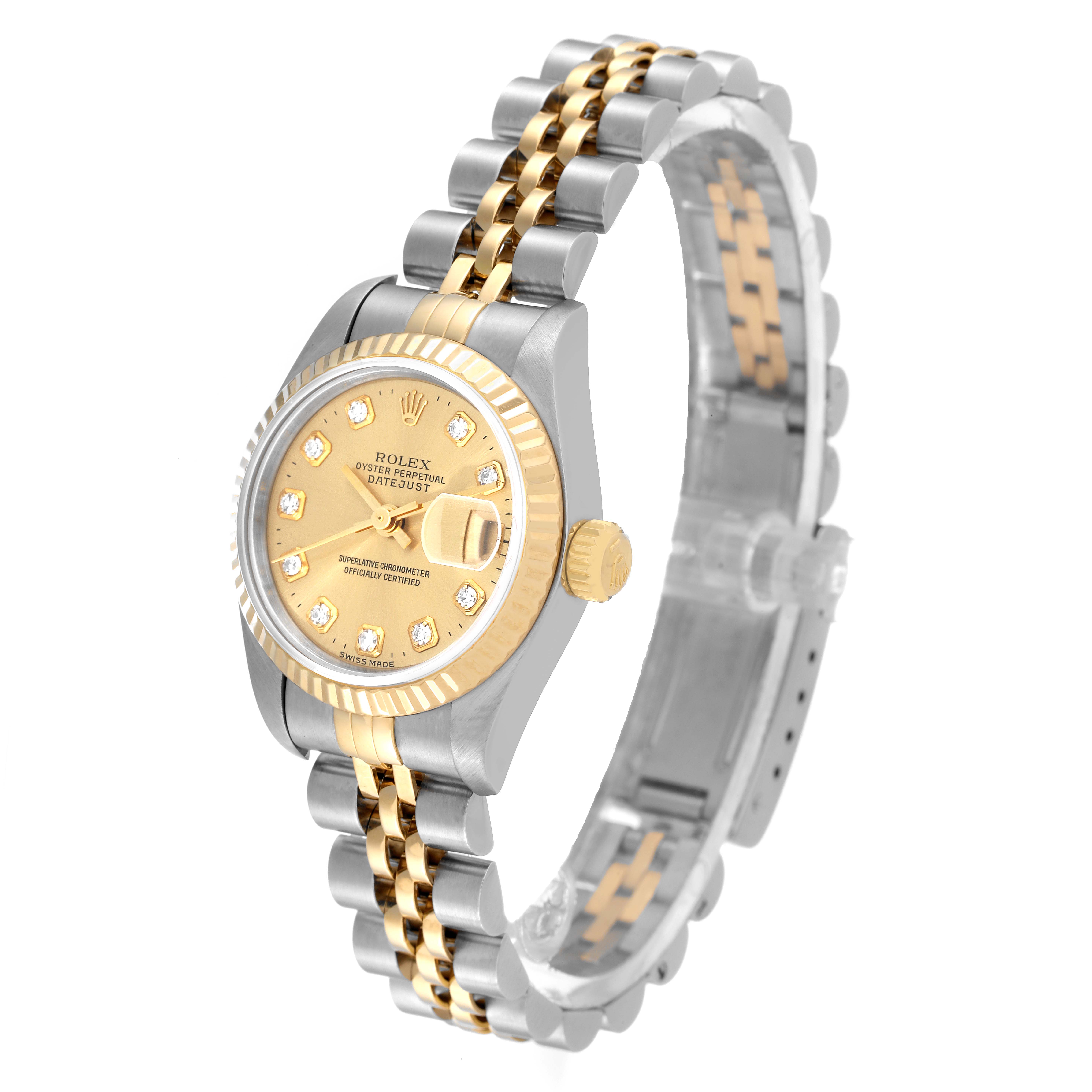 This image shows a Rolex Datejust 69173 Women's Steel and Gold (two tone) Champagne Dial 69173 Women's Steel and Gold (two tone) Champagne Dial watch from a front angle, highlighting its face, bezel, crown, and two-tone bracelet.