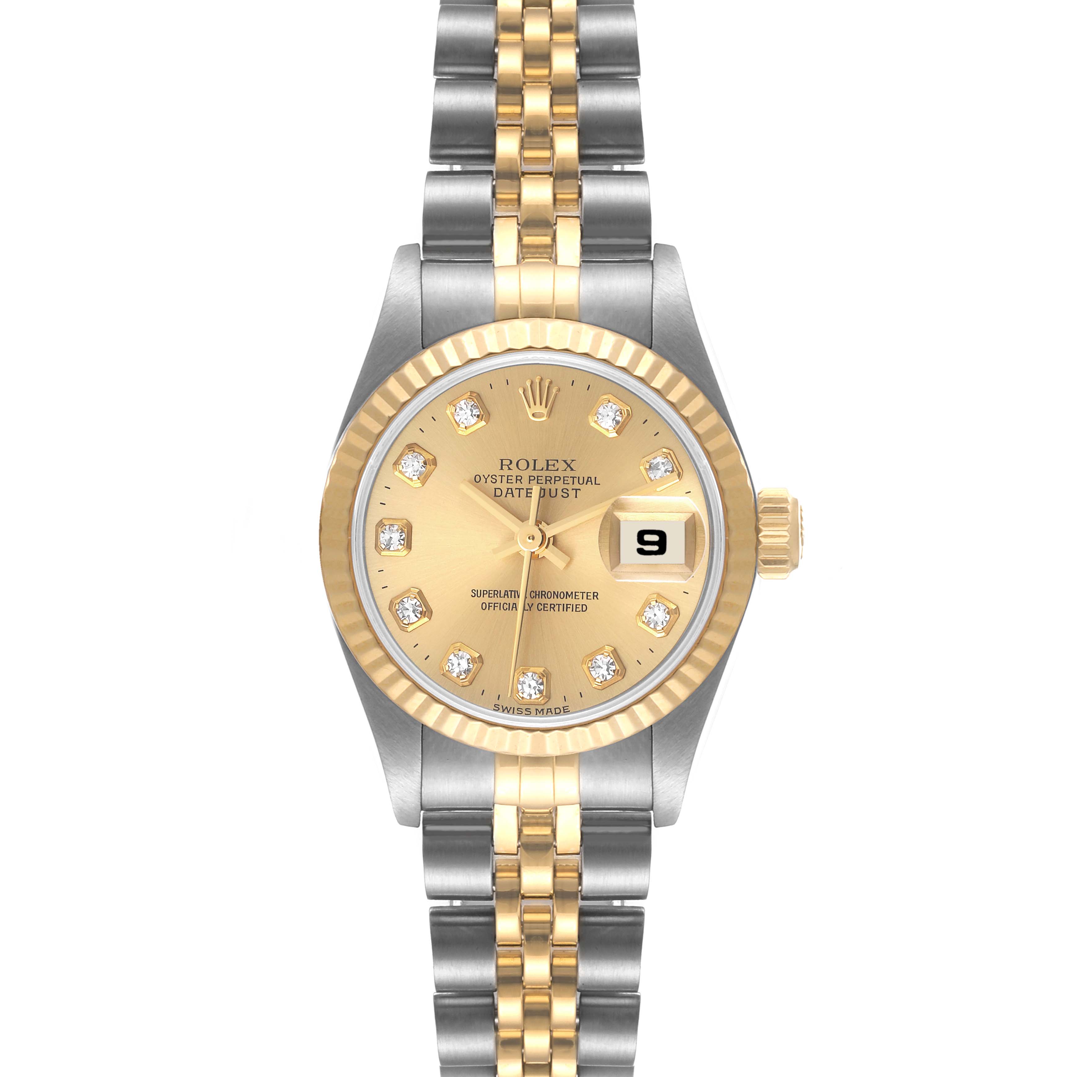 This image shows a front view of a Rolex Datejust 69173 Women's Steel and Gold (two tone) Champagne Dial 69173 Women's Steel and Gold (two tone) Champagne Dial watch, highlighting its gold dial, diamond markers, and two-tone metal bracelet.
