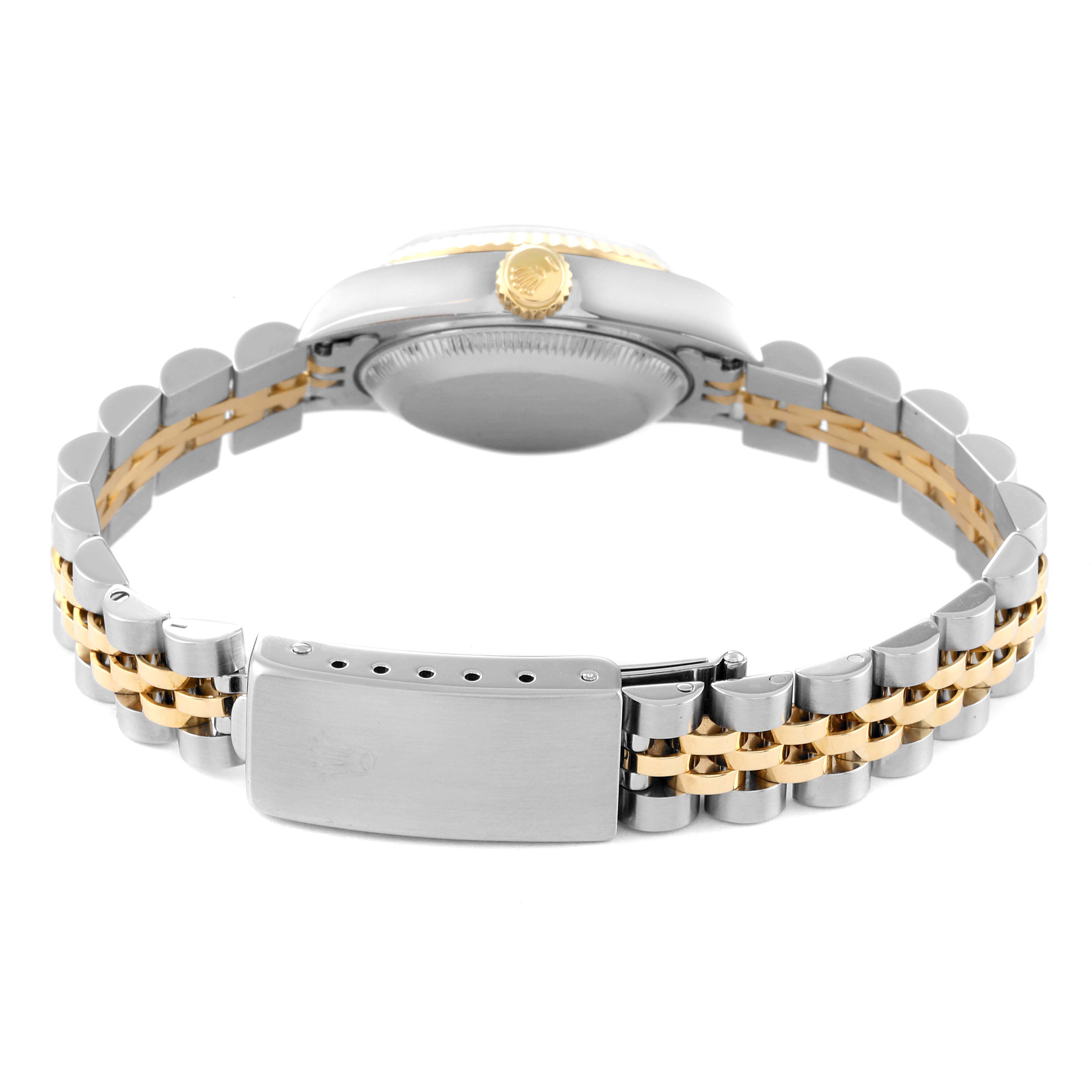 This image shows the back view of a Rolex Datejust 69173 Women's Steel and Gold (two tone) Champagne Dial 69173 Women's Steel and Gold (two tone) Champagne Dial watch, focusing on the bracelet and clasp.