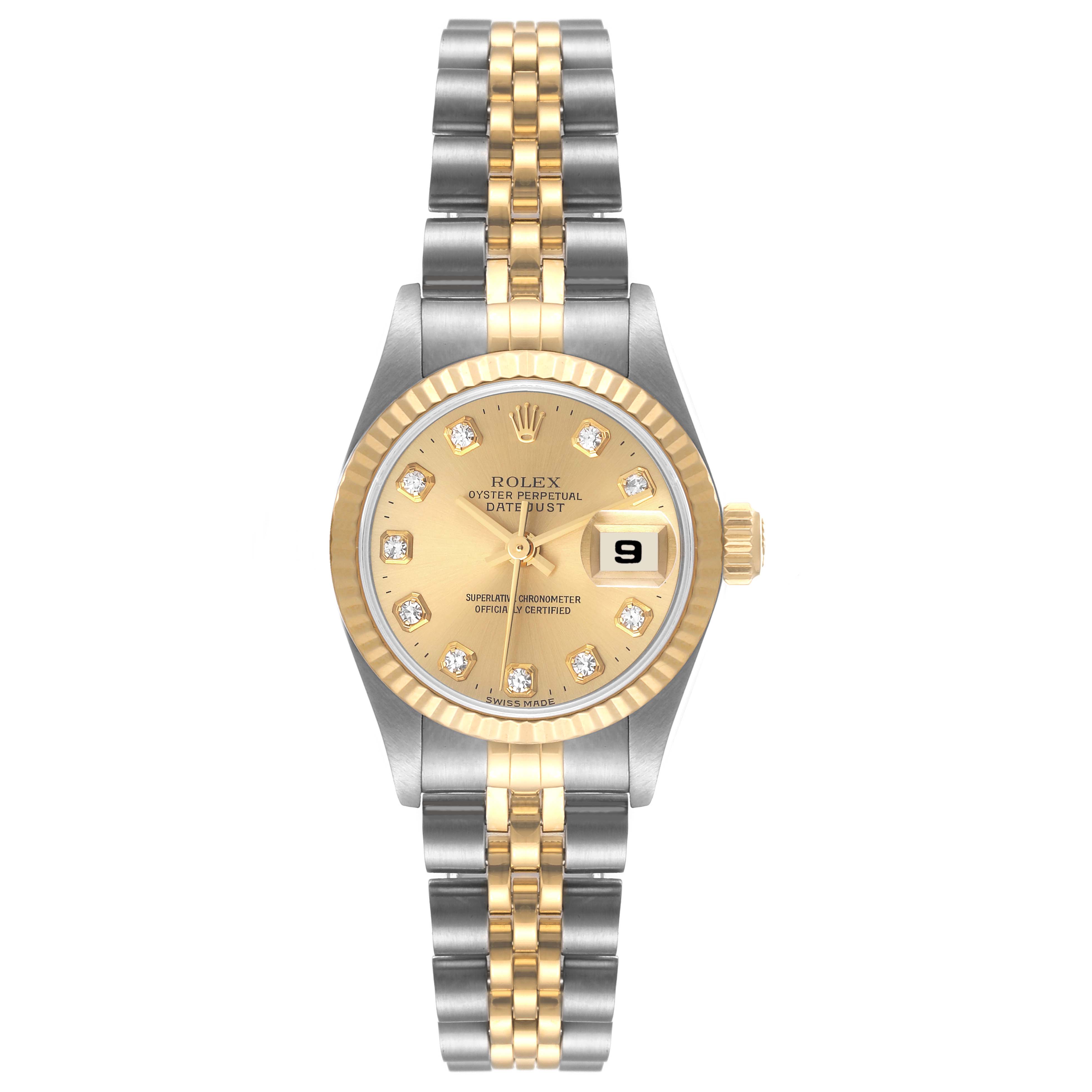 The image shows a Rolex Datejust 69173 Women's Steel and Gold (two tone) Champagne Dial 69173 Women's Steel and Gold (two tone) Champagne Dial watch from a front angle, featuring a two-tone bracelet, gold bezel, and diamond markers.