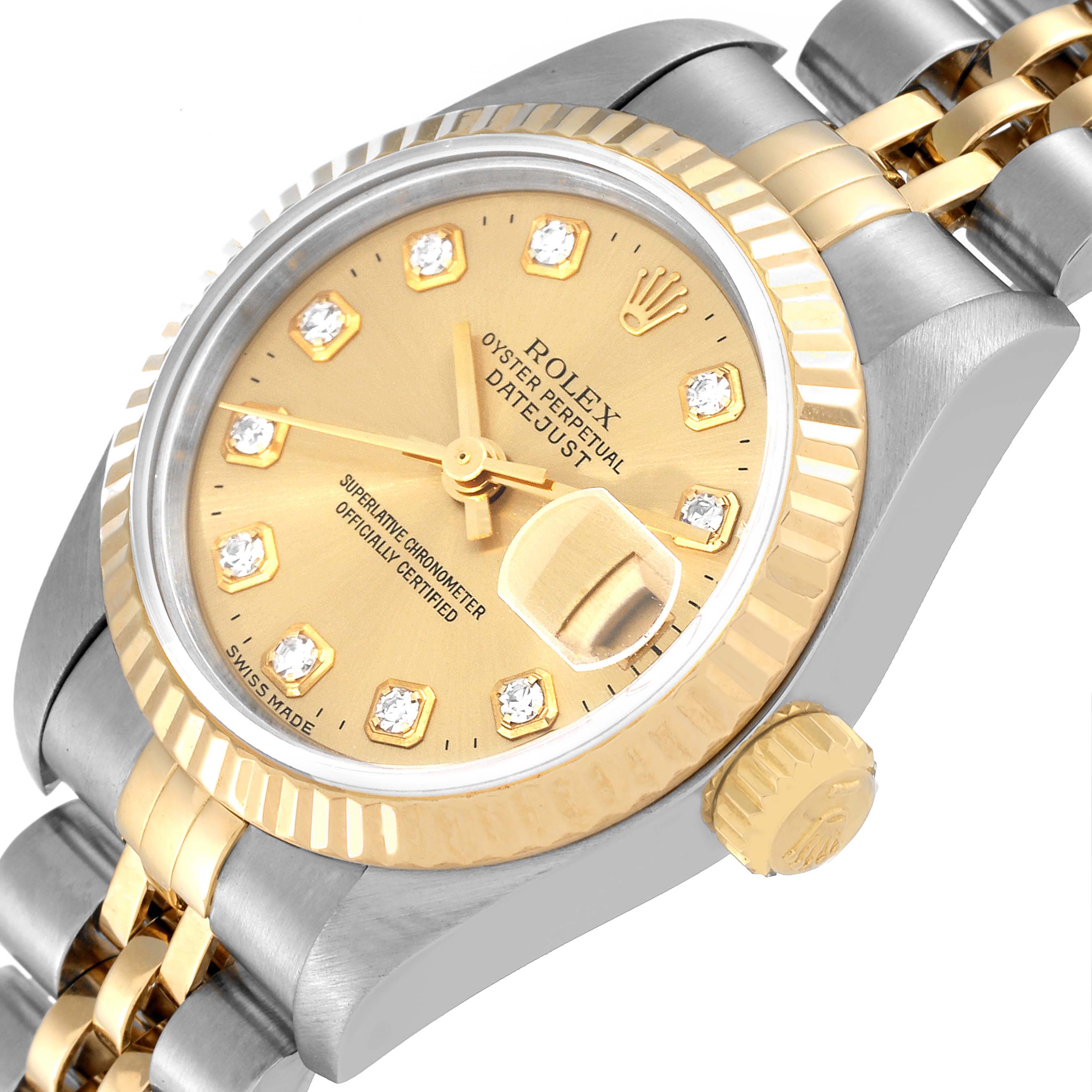 The image shows a close-up of a Rolex Datejust 69173 Women's Steel and Gold (two tone) Champagne Dial 69173 Women's Steel and Gold (two tone) Champagne Dial watch face at an oblique angle, highlighting its bezel, dial, crown, and part of the bracelet.