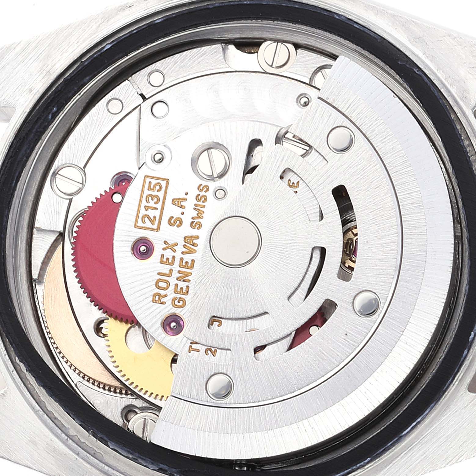 This image shows the internal automatic movement mechanism of a Rolex Datejust 69173 Women's Steel and Gold (two tone) Champagne Dial 69173 Women's Steel and Gold (two tone) Champagne Dial watch from a top-down angle.