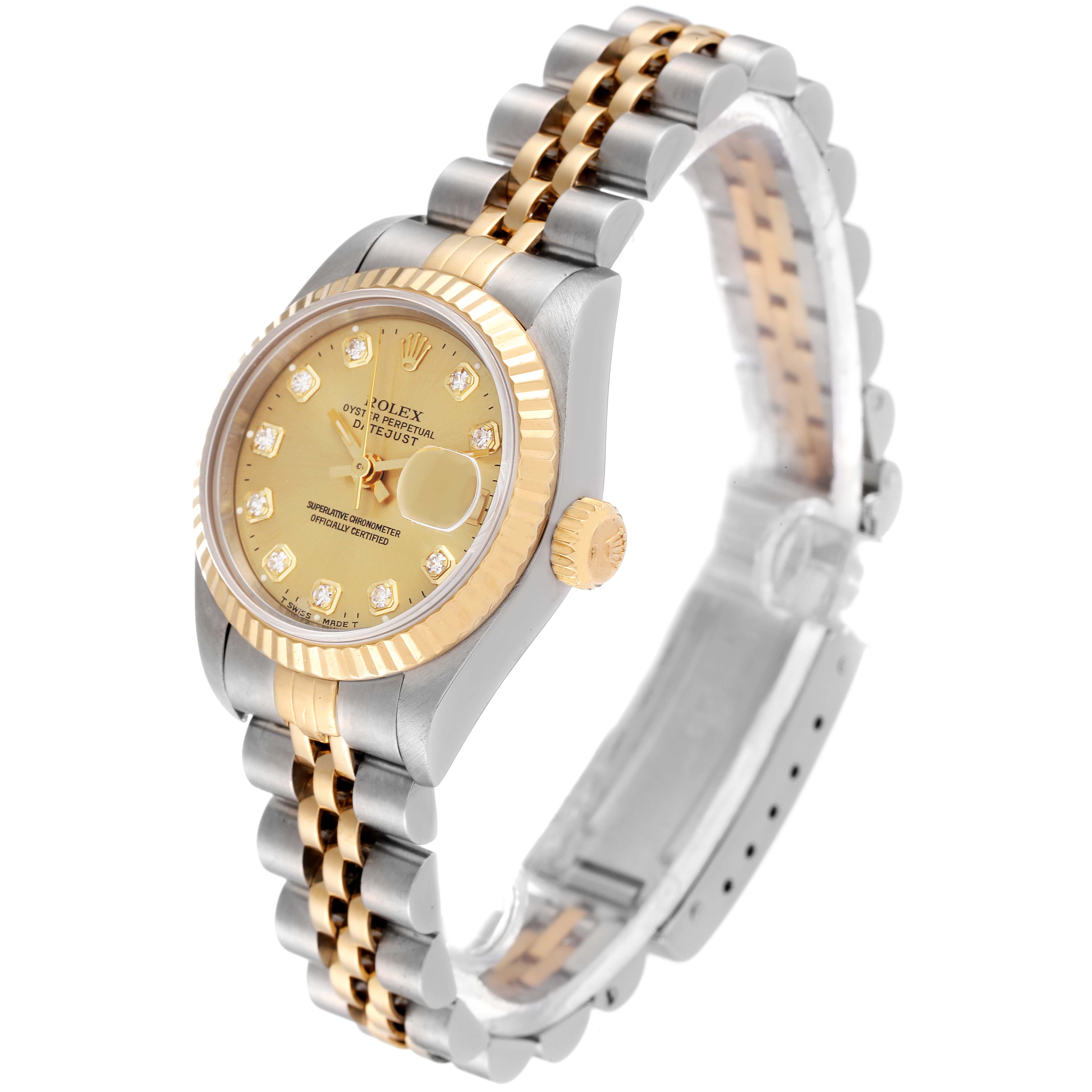The image shows a Rolex Datejust 69173 Women's Steel and Gold (two tone) Champagne Dial 69173 Women's Steel and Gold (two tone) Champagne Dial watch at a three-quarter angle, highlighting the face, bracelet, and crown.