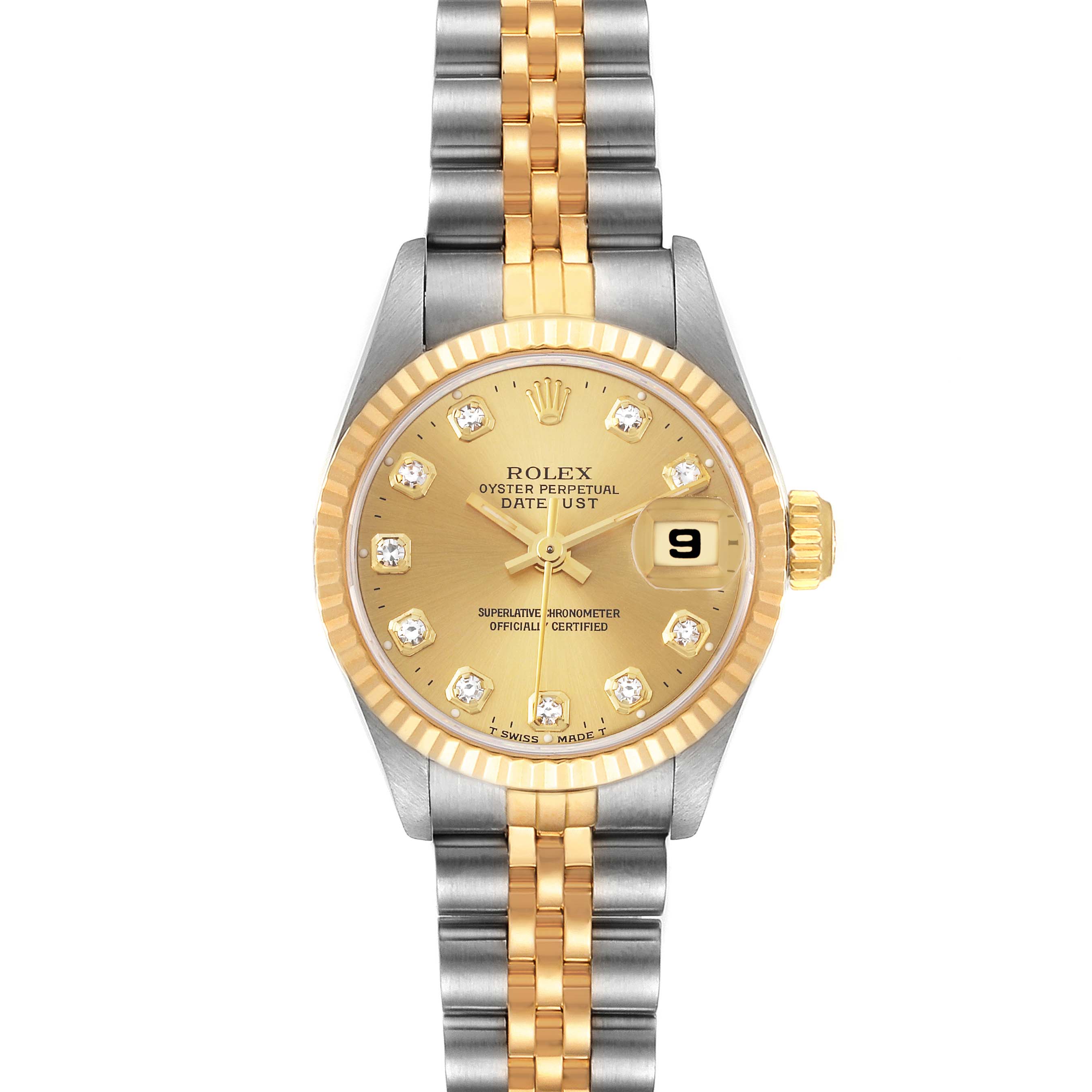 This Rolex Datejust 69173 Women's Steel and Gold (two tone) Champagne Dial 69173 Women's Steel and Gold (two tone) Champagne Dial watch is shown from the front, highlighting the gold dial, jubilee bracelet, and fluted bezel.