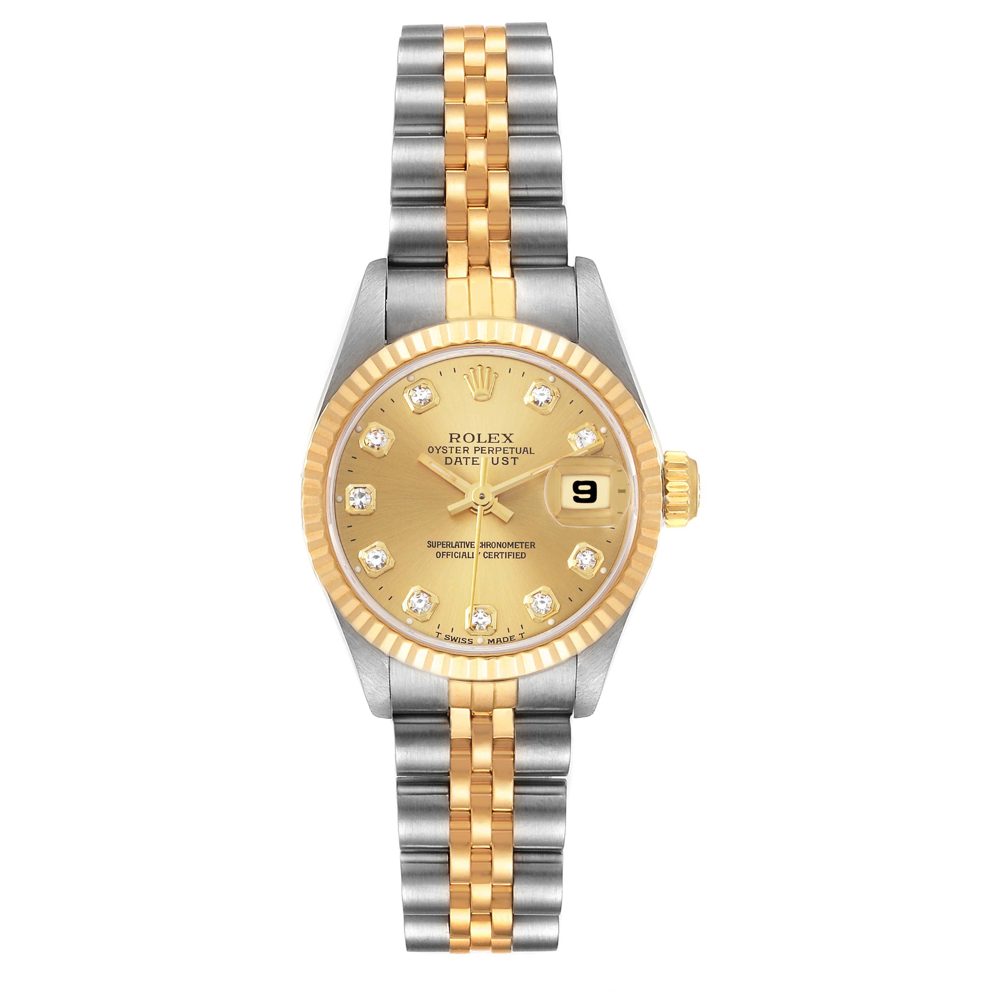 The image shows a Rolex Datejust 69173 Women's Steel and Gold (two tone) Champagne Dial 69173 Women's Steel and Gold (two tone) Champagne Dial watch from a front view, highlighting the two-tone bracelet, gold dial, and date window at 3 o'clock.