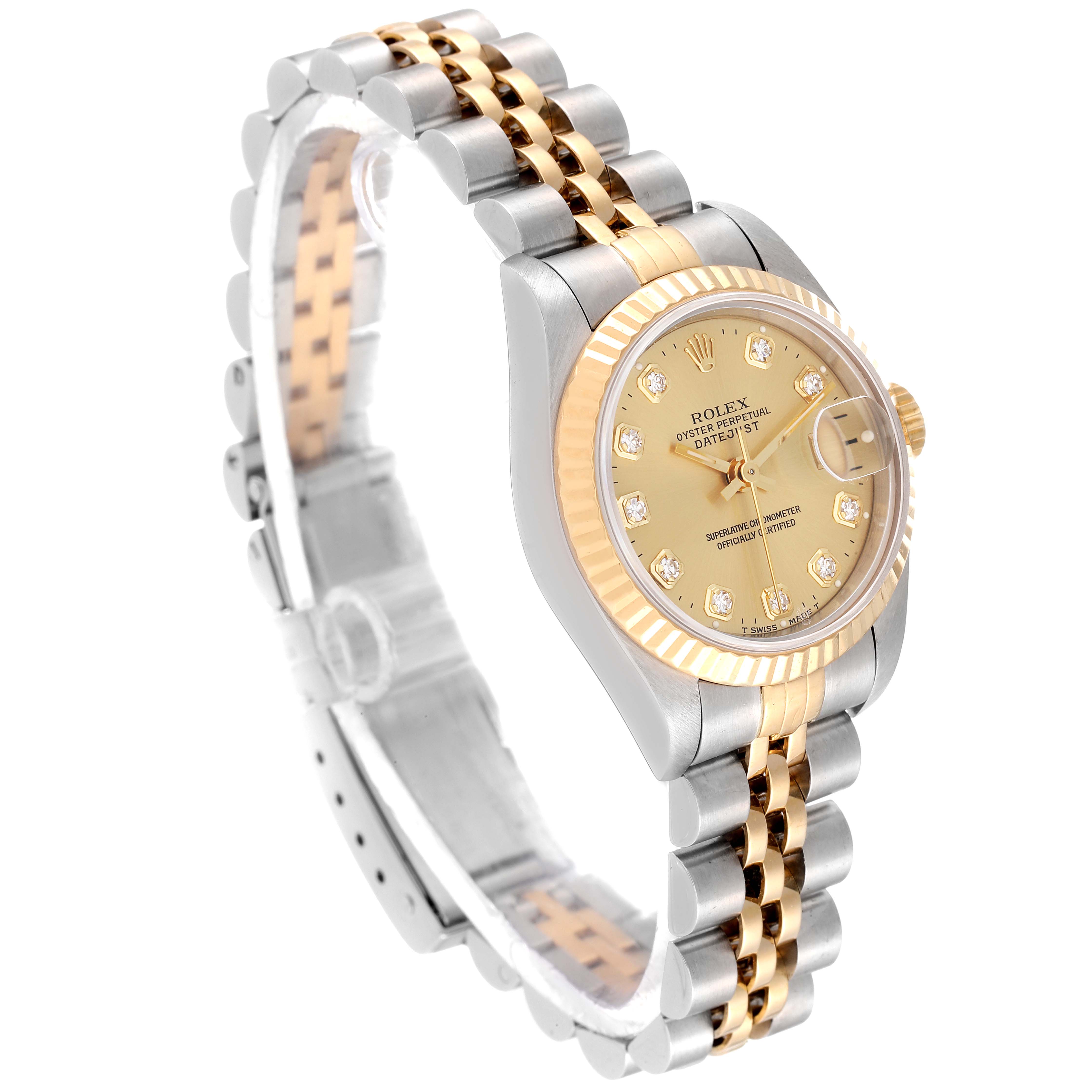 The image shows a Rolex Datejust 69173 Women's Steel and Gold (two tone) Champagne Dial 69173 Women's Steel and Gold (two tone) Champagne Dial watch angled from the top-right, highlighting its dial, fluted bezel, and Jubilee bracelet.