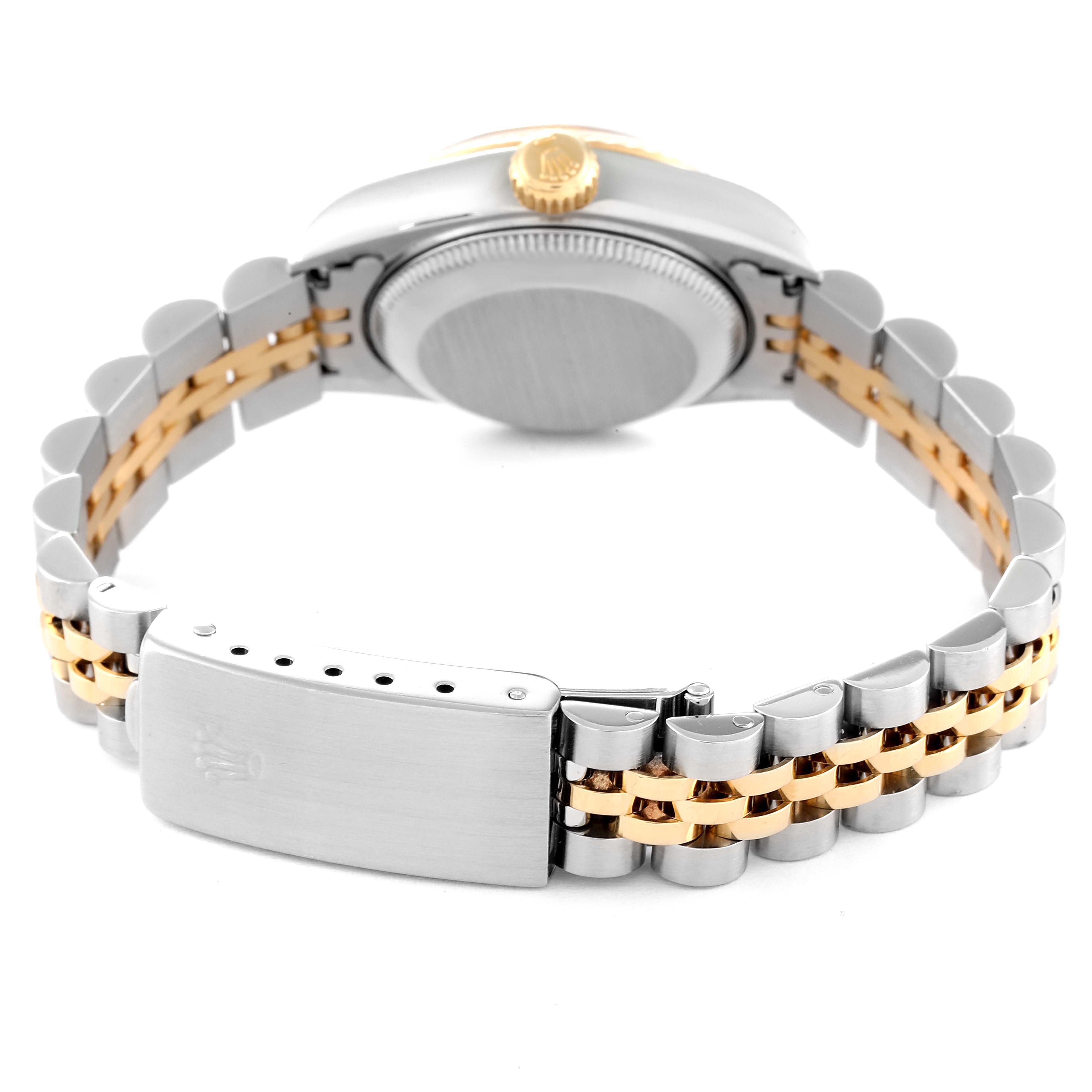 The image shows the back view of a Rolex Datejust 69173 Women's Steel and Gold (two tone) Champagne Dial 69173 Women's Steel and Gold (two tone) Champagne Dial watch, highlighting the two-tone bracelet and clasp.