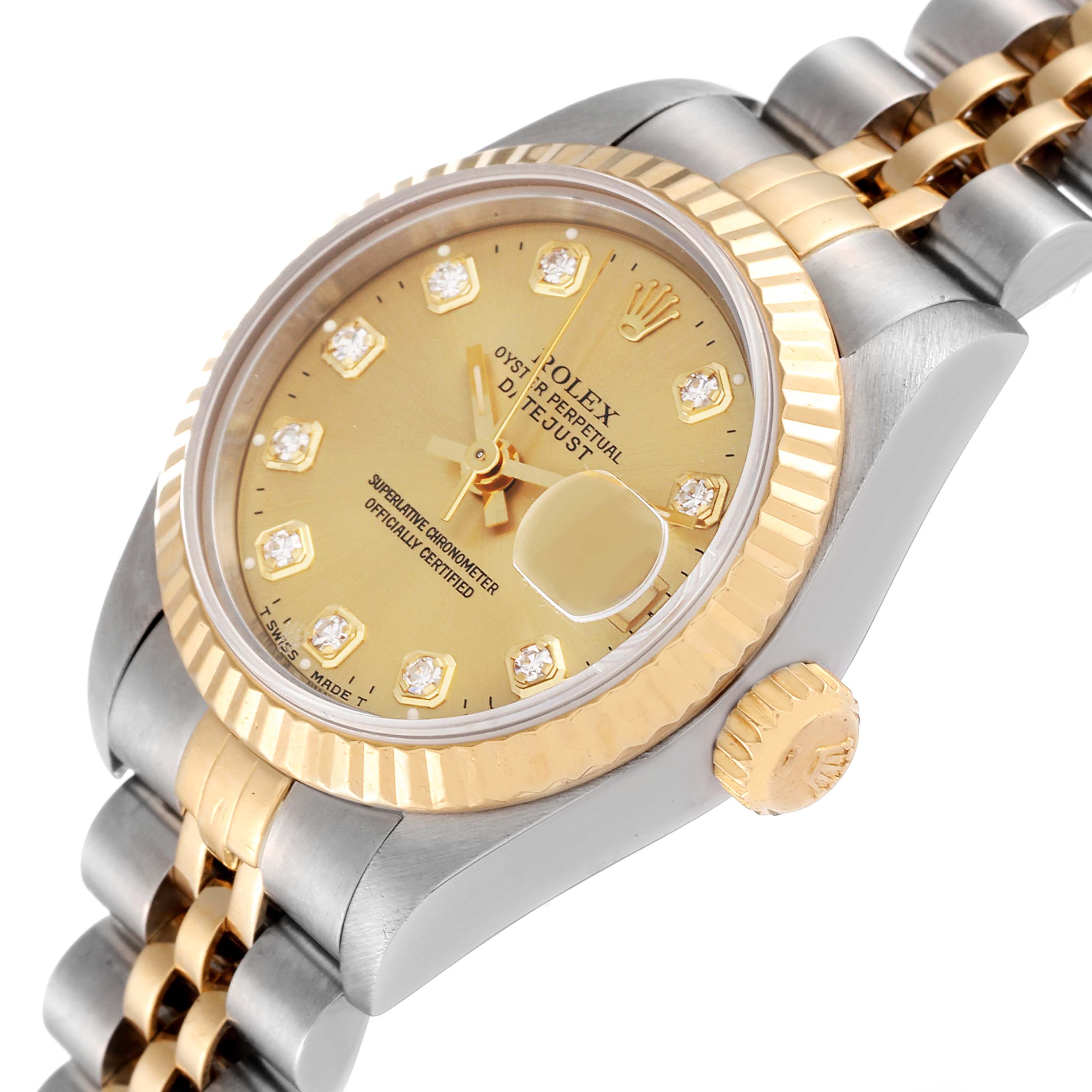 This image shows a close-up angled view of the Rolex Datejust 69173 Women's Steel and Gold (two tone) Champagne Dial 69173 Women's Steel and Gold (two tone) Champagne Dial watch, highlighting its dial, bezel, crown, and part of the bracelet.