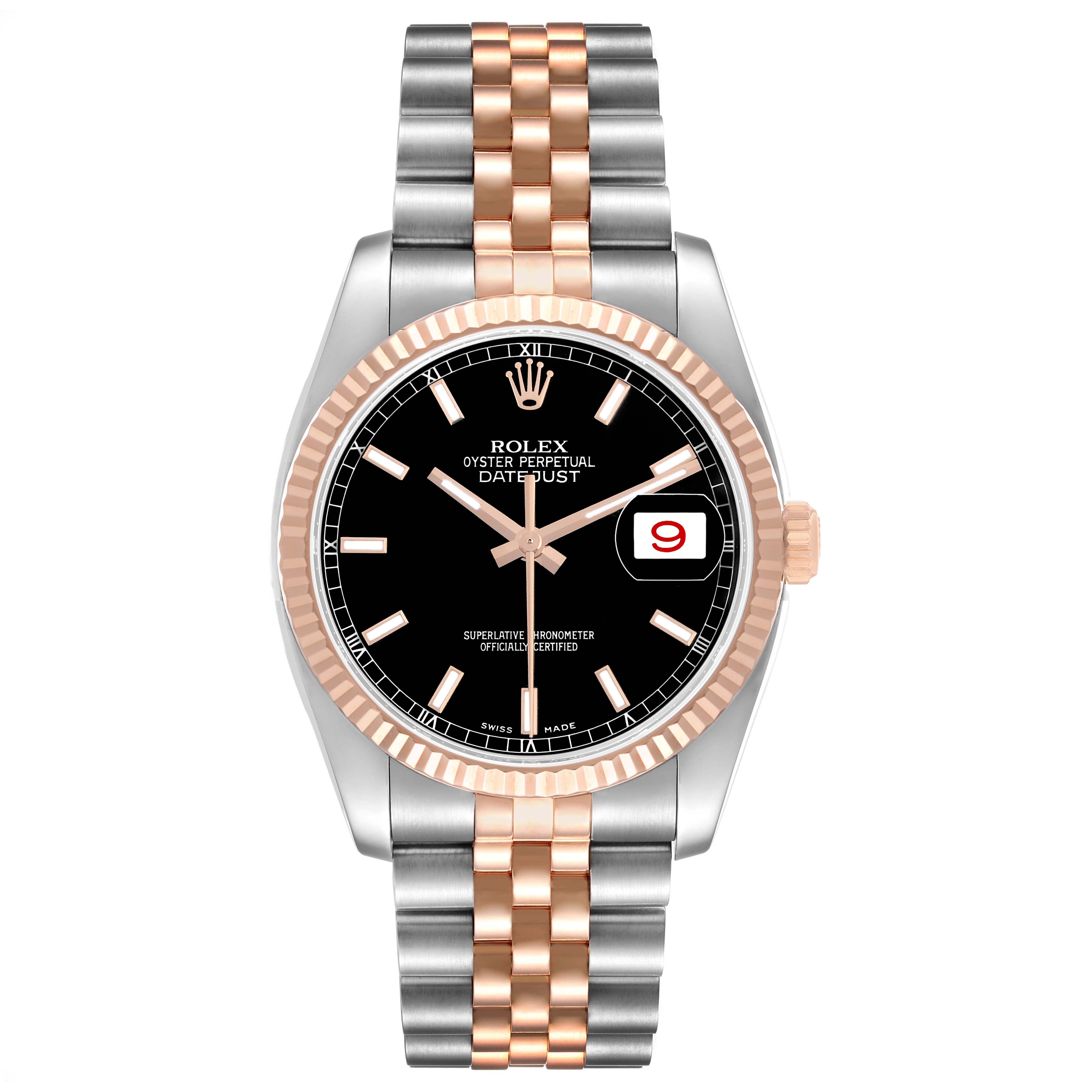 The Rolex Datejust 116231 Men's Steel and Gold (two tone) Black Dial watch is shown from the front, displaying its dial, bezel, crown, and a two-tone bracelet.