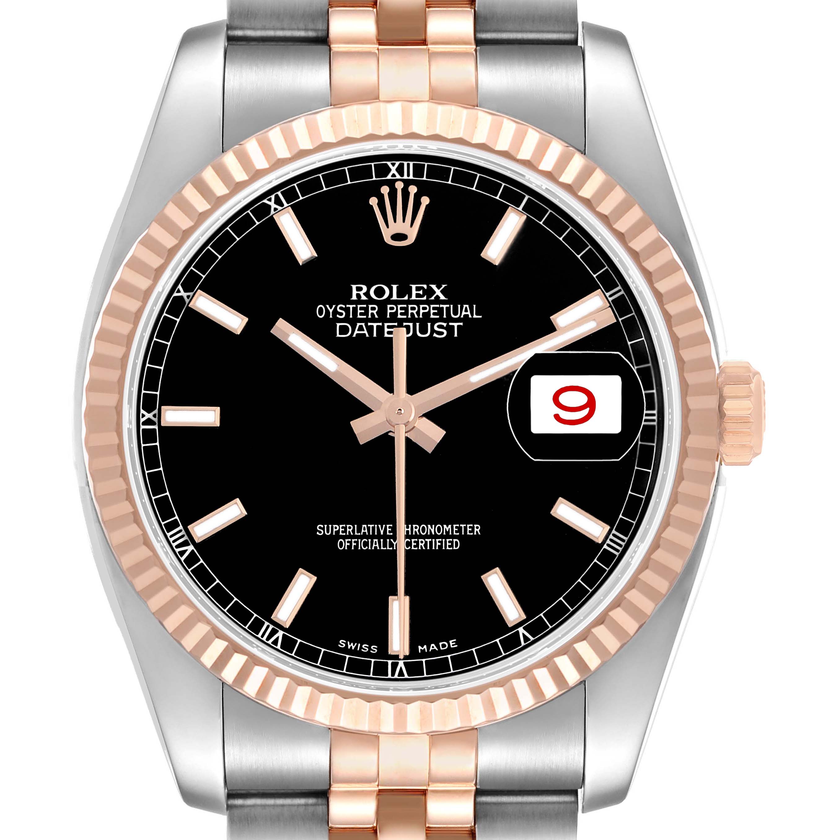 The Rolex Datejust 116231 Men's Steel and Gold (two tone) Black Dial watch is shown in a front view, highlighting the dial, bezel, crown, and part of the bracelet.