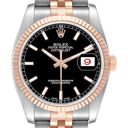 The Rolex Datejust 116231 Men's Steel and Gold (two tone) Black Dial watch is shown from the front, displaying the dial, bezel, hands, and part of the bracelet.