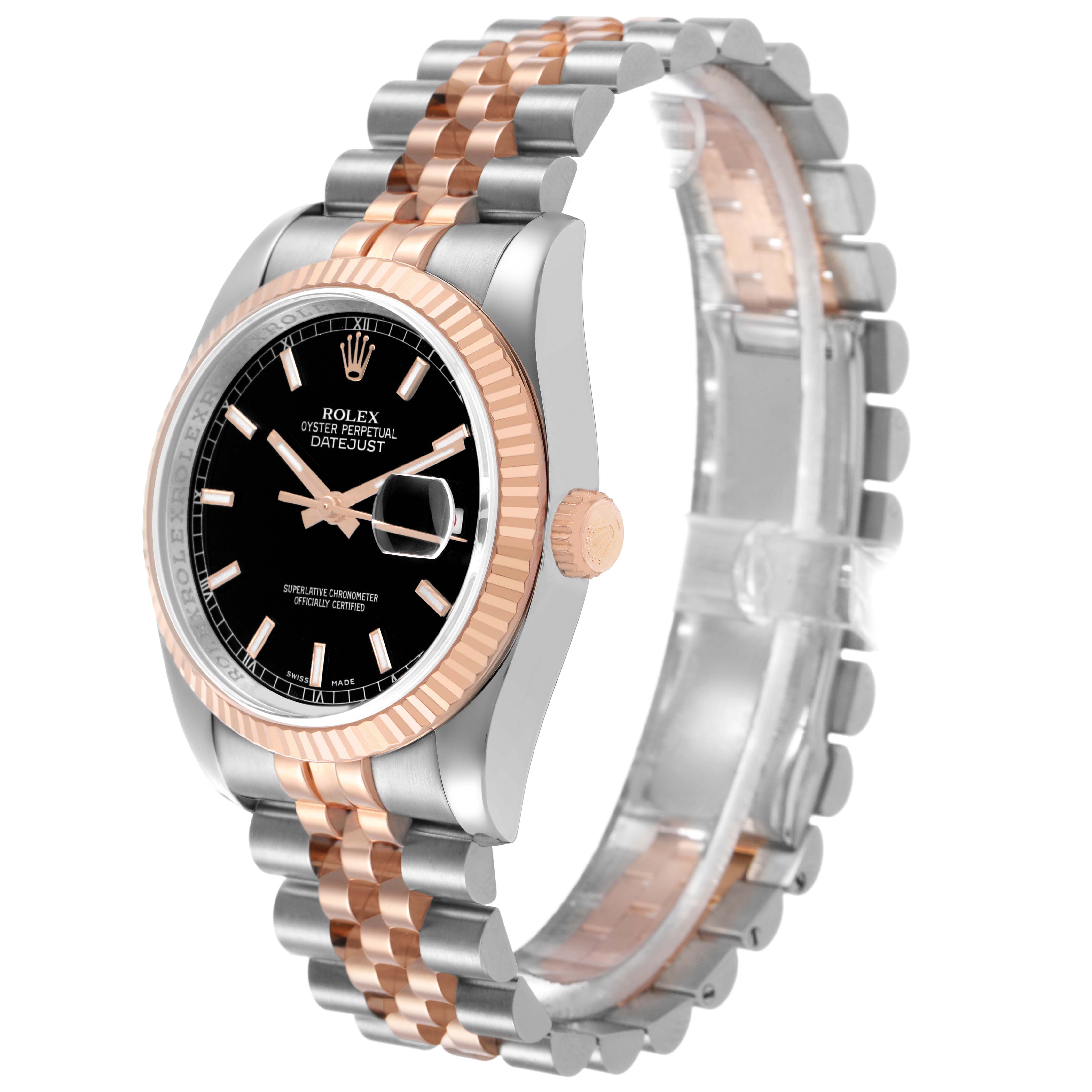The Rolex Datejust 116231 Men's Steel and Gold (two tone) Black Dial watch is shown at a three-quarter angle, displaying its face, bezel, and part of the bracelet.