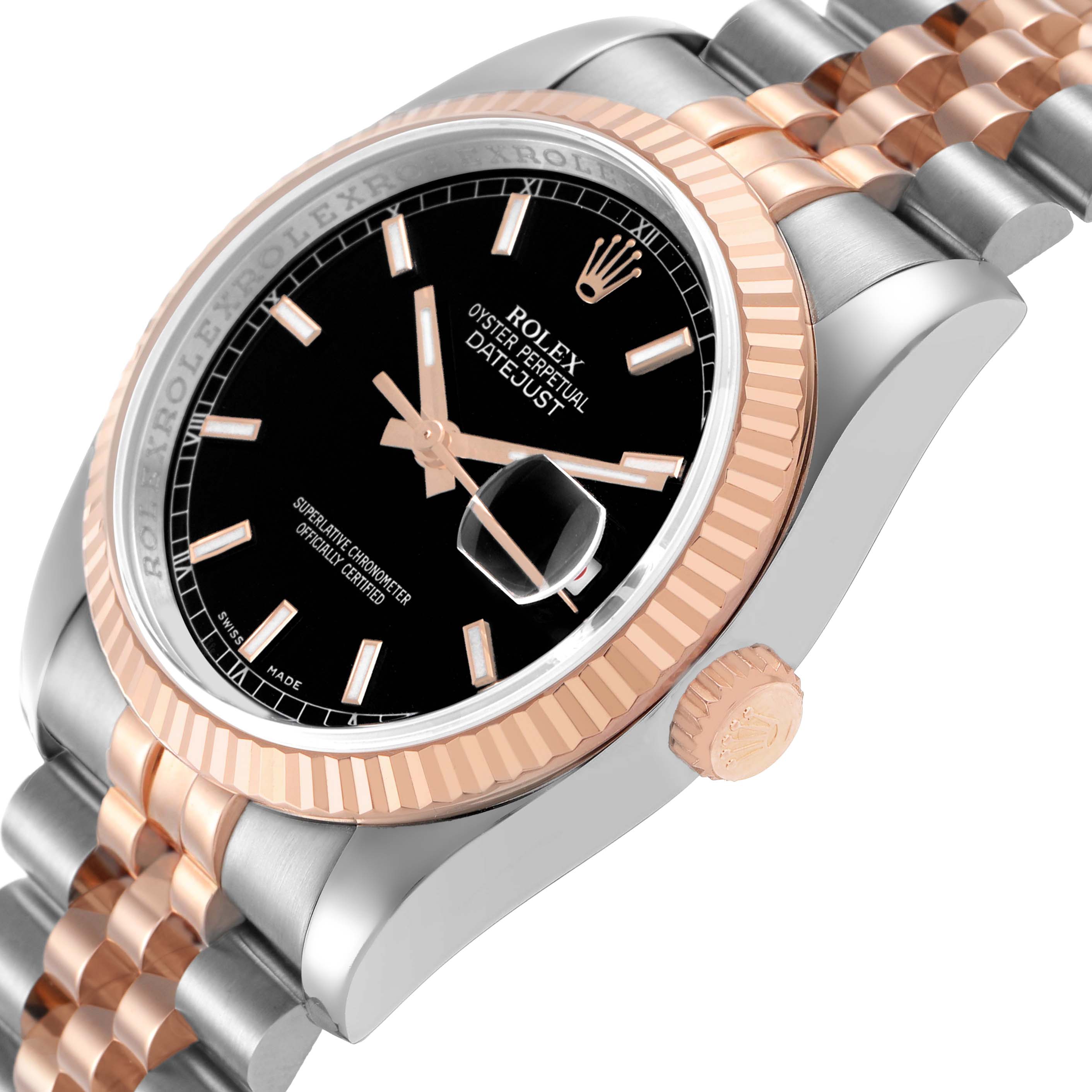 This image shows the Rolex Datejust 116231 Men's Steel and Gold (two tone) Black Dial watch at a tilted angle, highlighting the fluted bezel, crown, black dial, and jubilee bracelet.