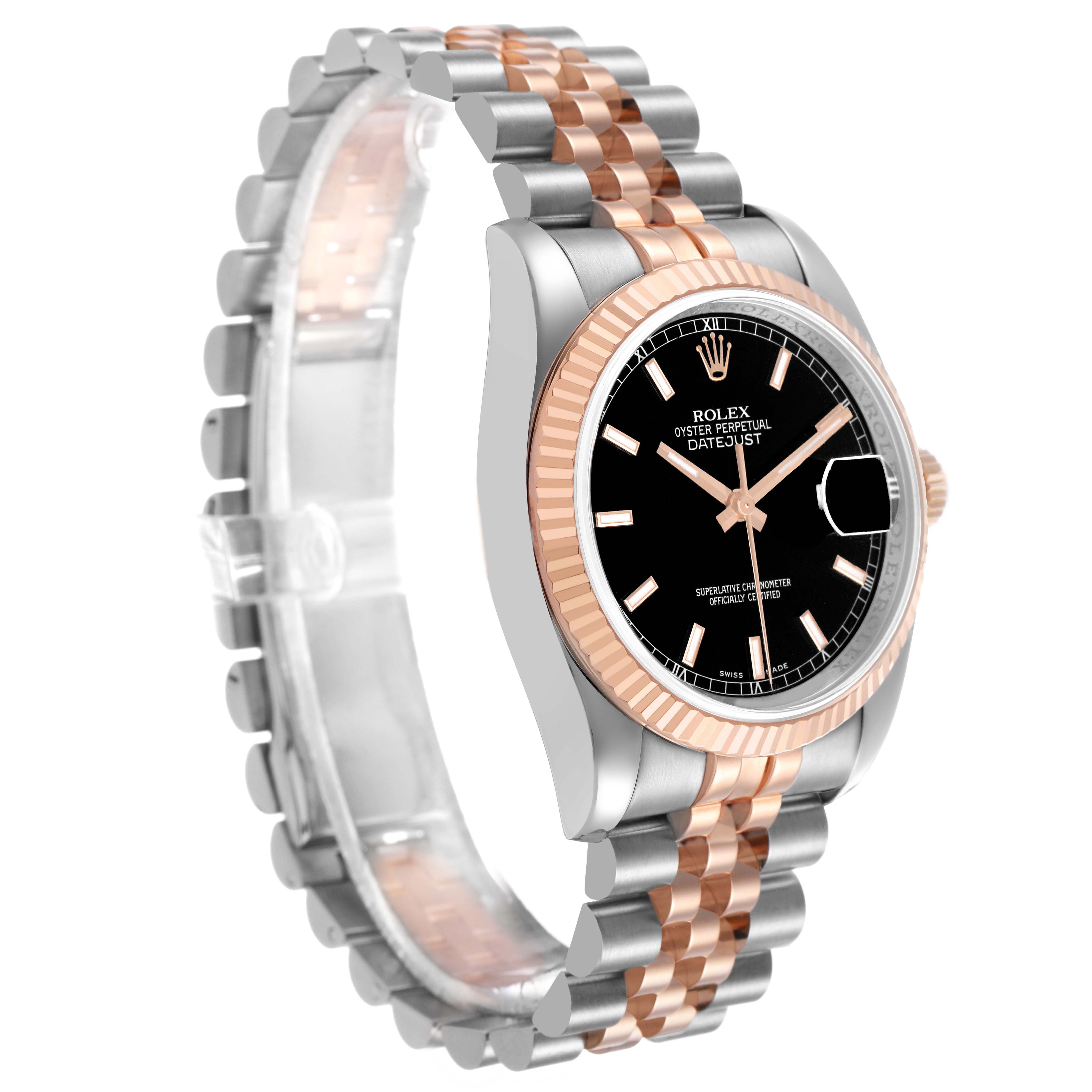 The Rolex Datejust 116231 Men's Steel and Gold (two tone) Black Dial watch is shown at a three-quarter angle, highlighting its black dial, fluted bezel, and two-tone jubilee bracelet.