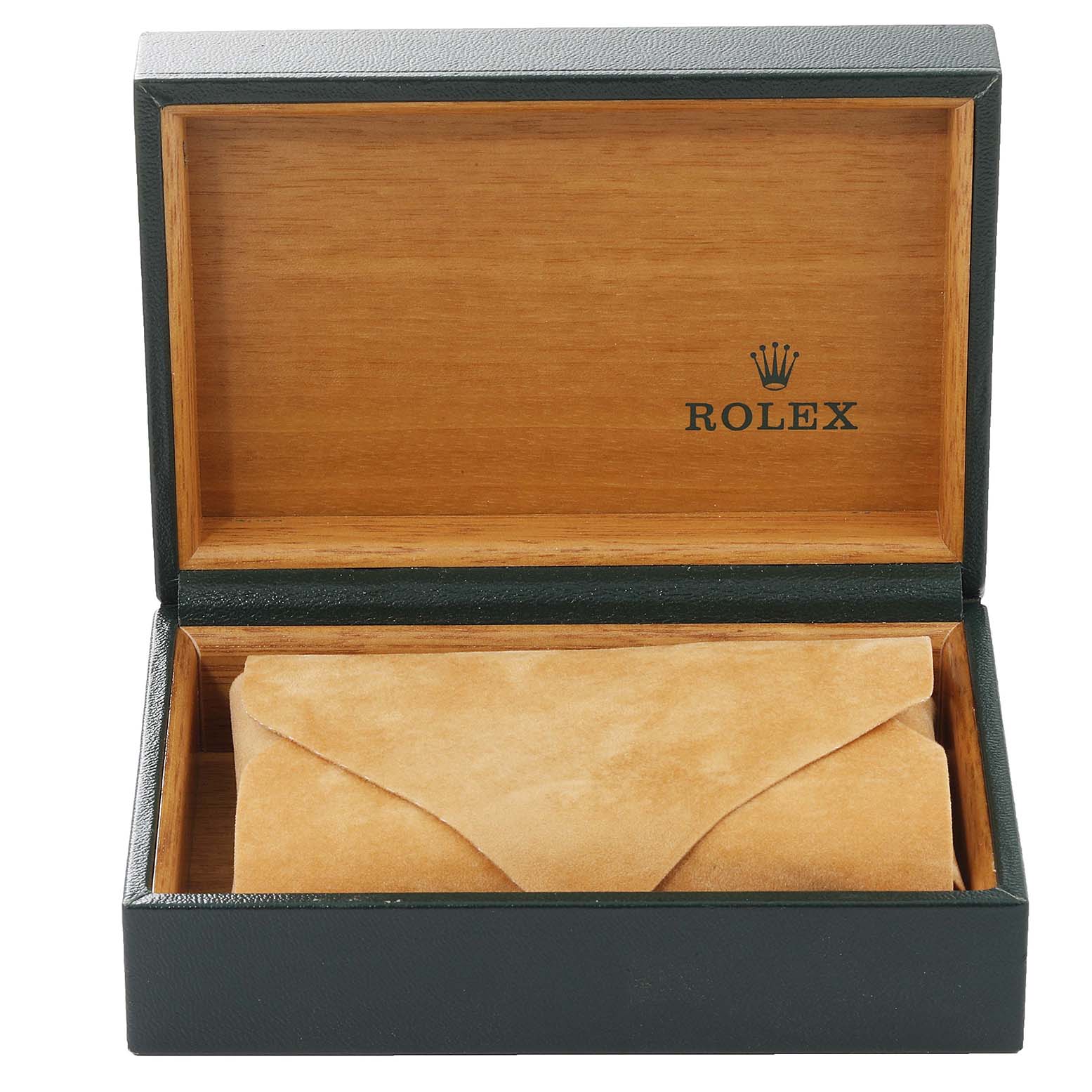 This image shows a Rolex Datejust 16234 Men's Stainless Steel Black Dial 16234 Men's Stainless Steel Black Dial watch box with its lid open, revealing the inner wrapping.