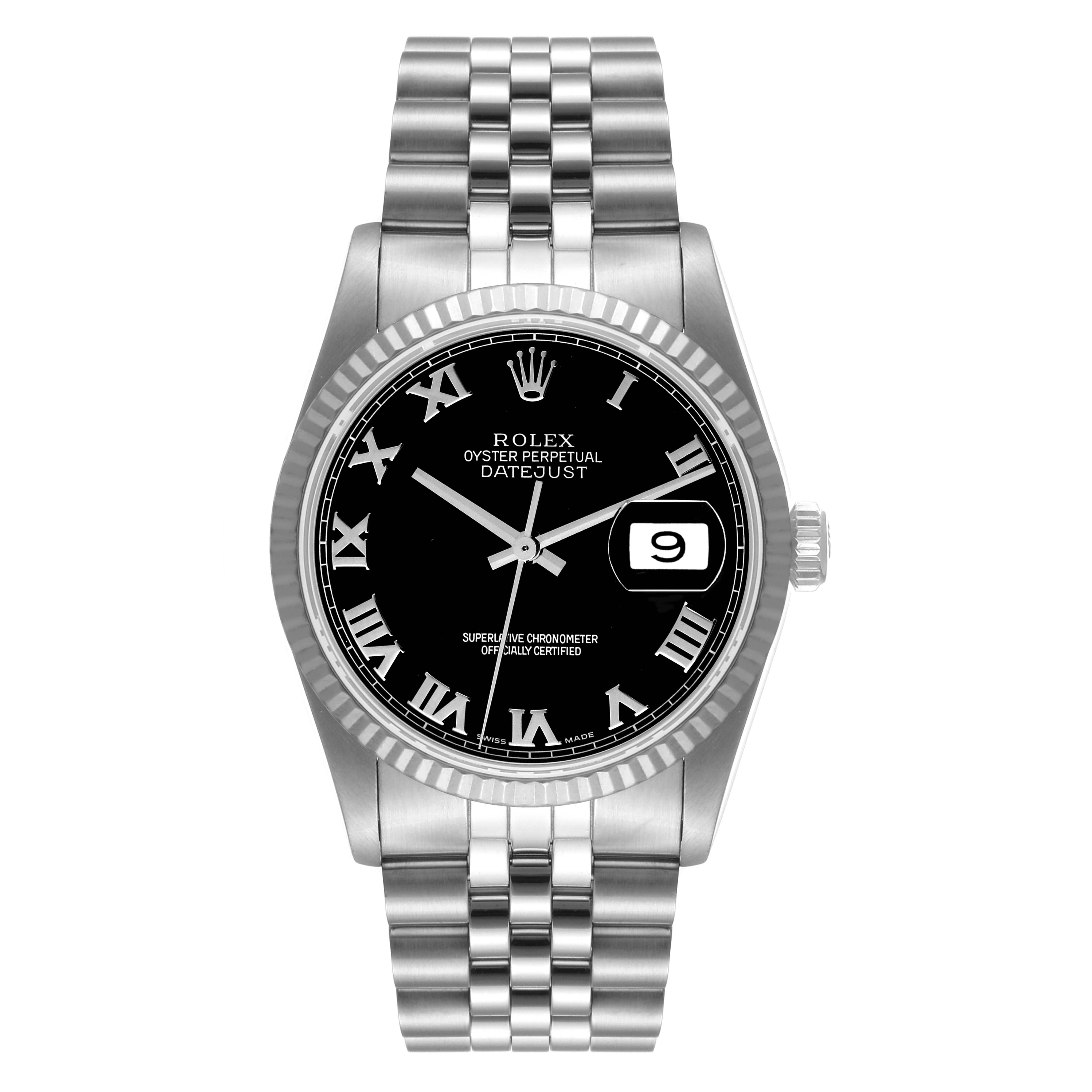 This image shows a Rolex Datejust 16234 Men's Stainless Steel Black Dial 16234 Men's Stainless Steel Black Dial watch from the front, highlighting the dial, bracelet, bezel, and date window.