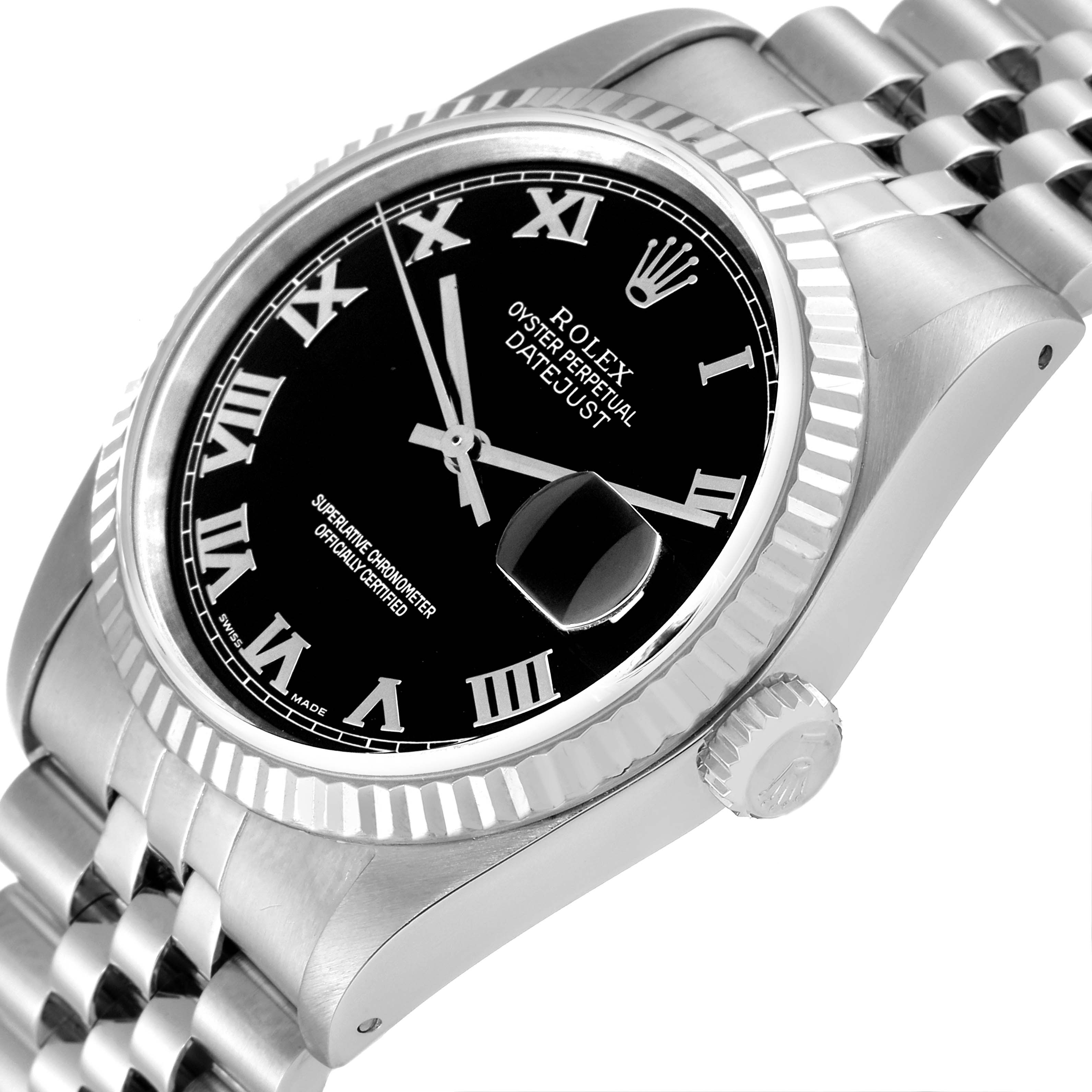 The image shows an angled view of a Rolex Datejust 16234 Men's Stainless Steel Black Dial 16234 Men's Stainless Steel Black Dial watch, featuring the dial, bezel, crown, and part of the bracelet.