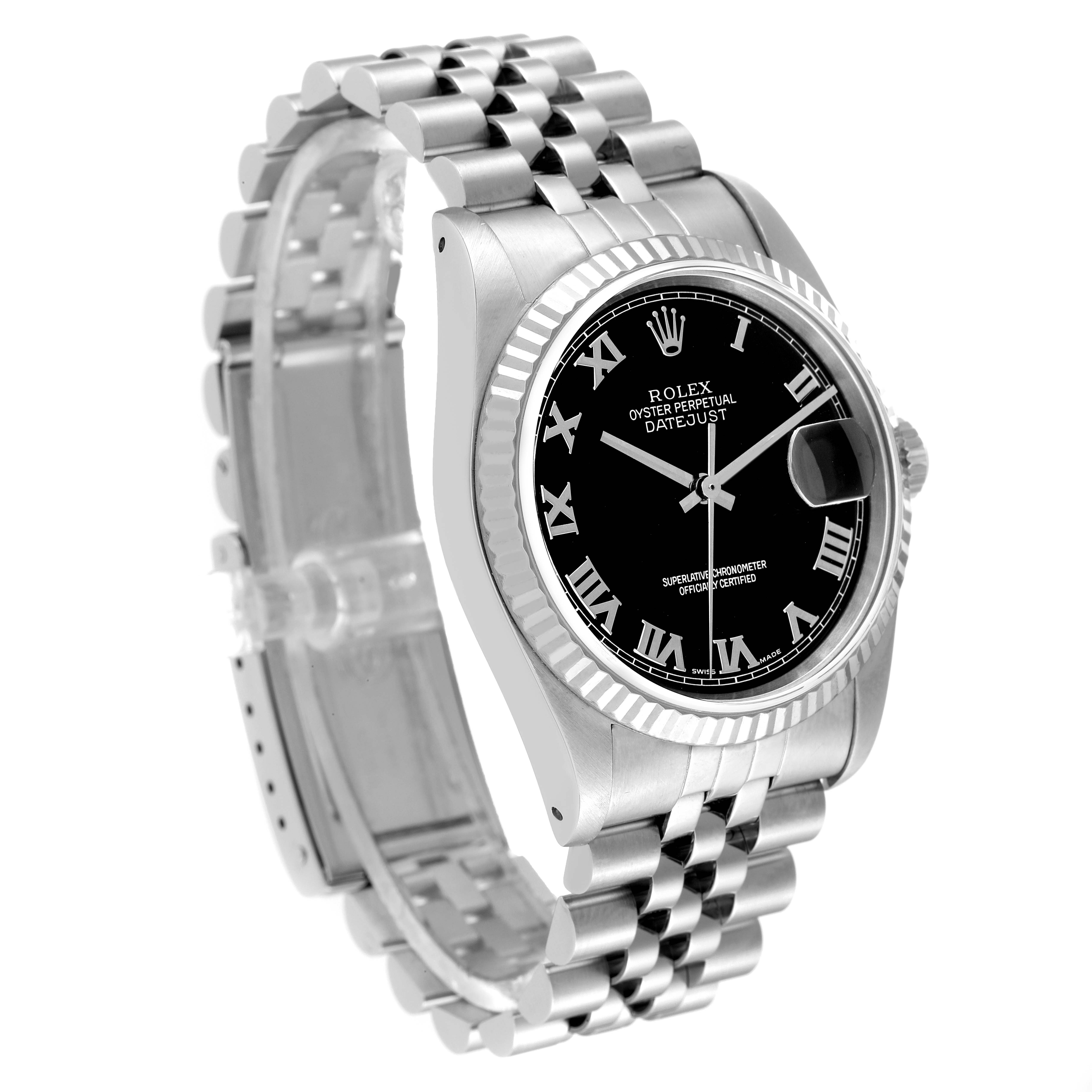 The image shows a side angle of the Rolex Datejust 16234 Men's Stainless Steel Black Dial 16234 Men's Stainless Steel Black Dial watch, displaying its face, bezel, and the linked bracelet.