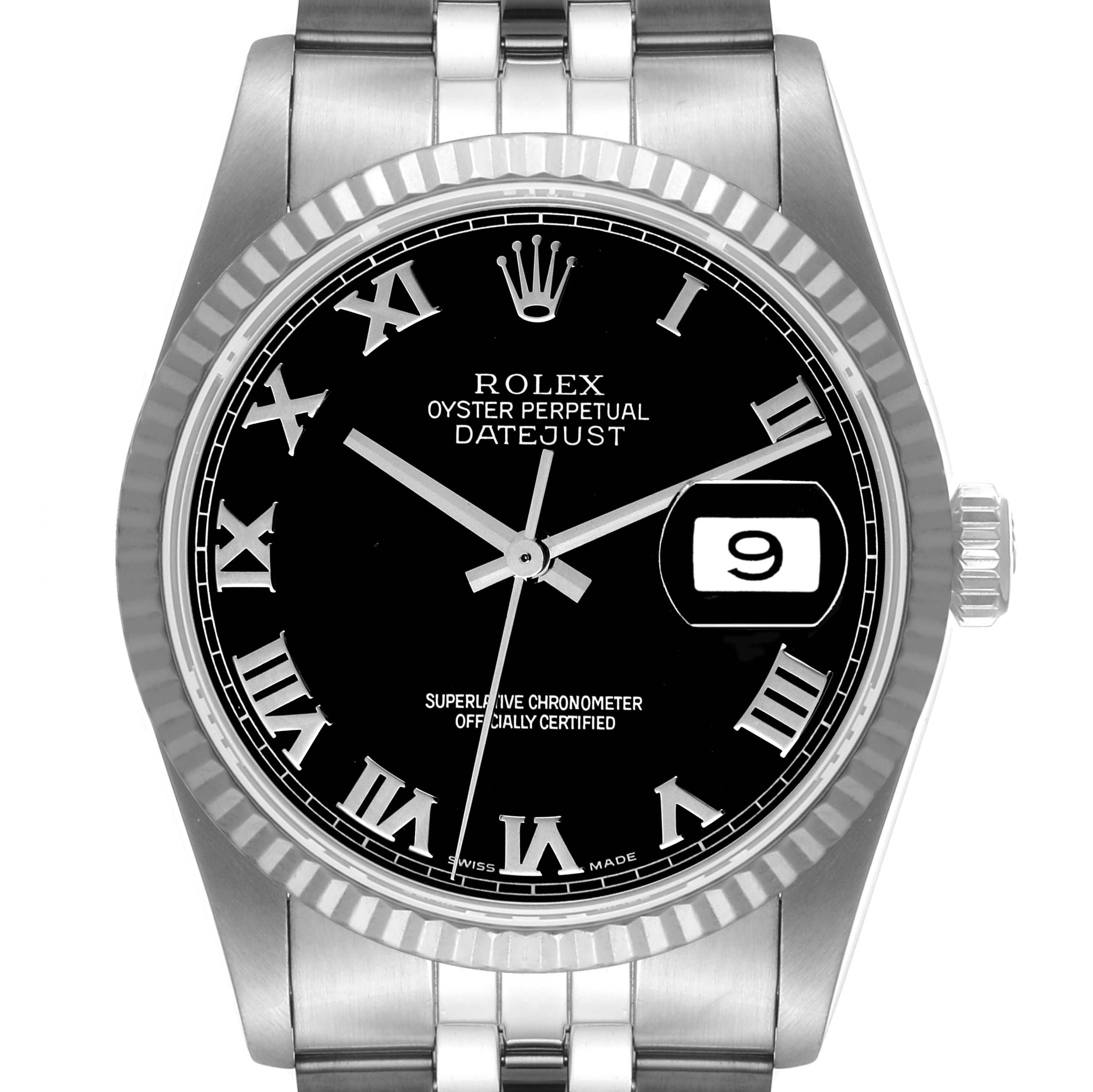 The image shows a front view of the Rolex Datejust 16234 Men's Stainless Steel Black Dial 16234 Men's Stainless Steel Black Dial watch, highlighting its black dial with Roman numerals and date window.