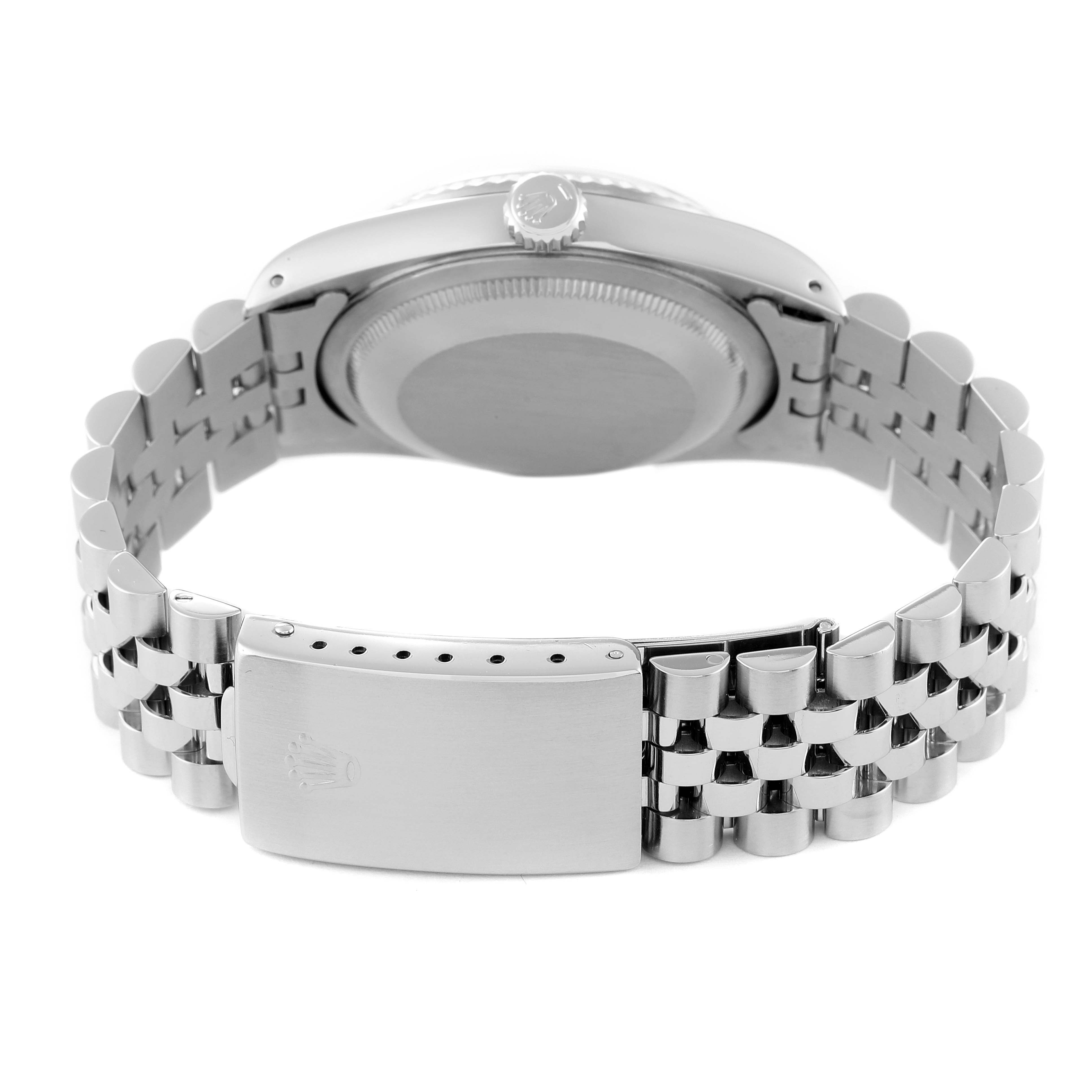 This image shows the case back and bracelet clasp of a Rolex Datejust 16234 Men's Stainless Steel Black Dial 16234 Men's Stainless Steel Black Dial watch from a rear angle.