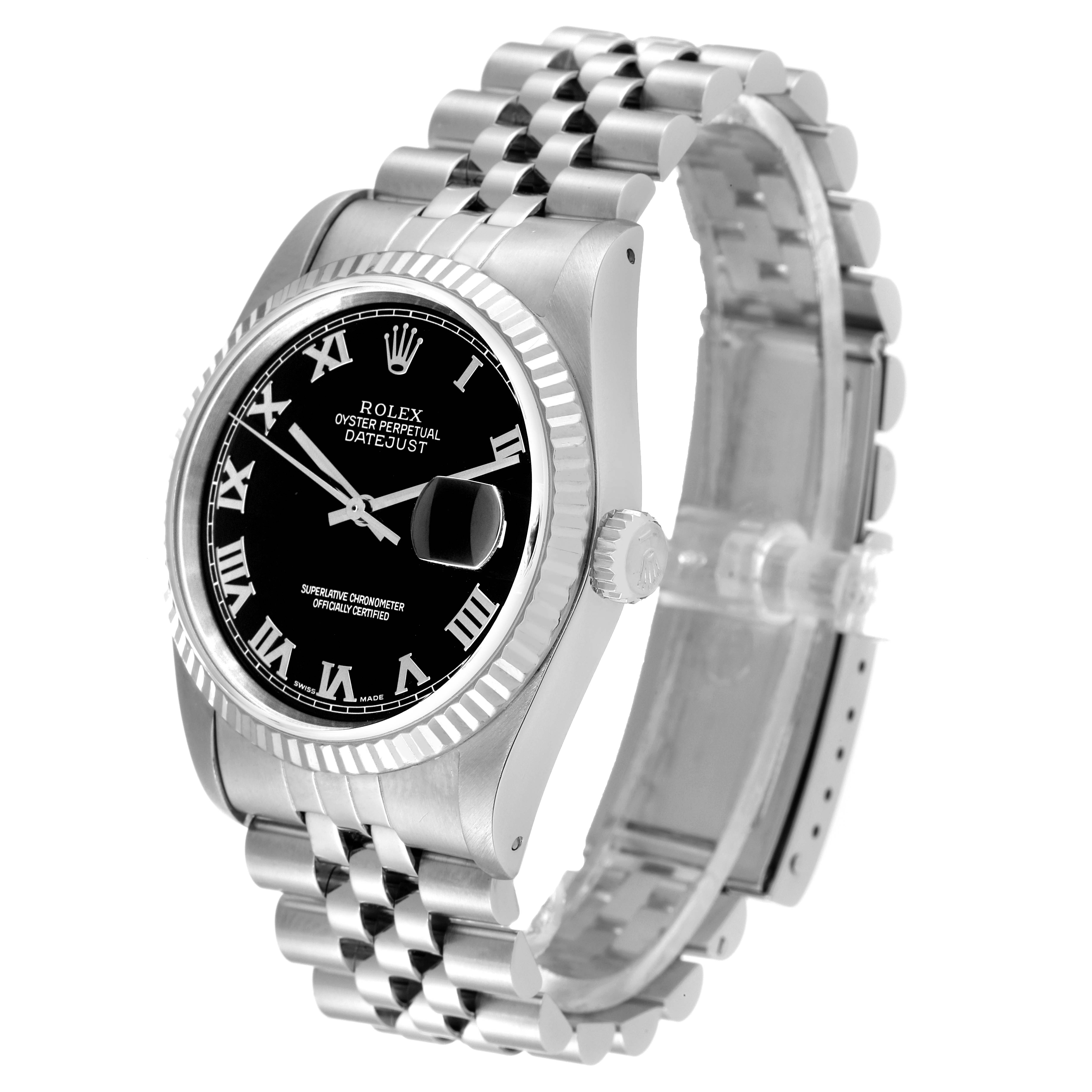 The Rolex Datejust 16234 Men's Stainless Steel Black Dial 16234 Men's Stainless Steel Black Dial model watch is shown at a slight angle, displaying the face, bezel, crown, and bracelet.