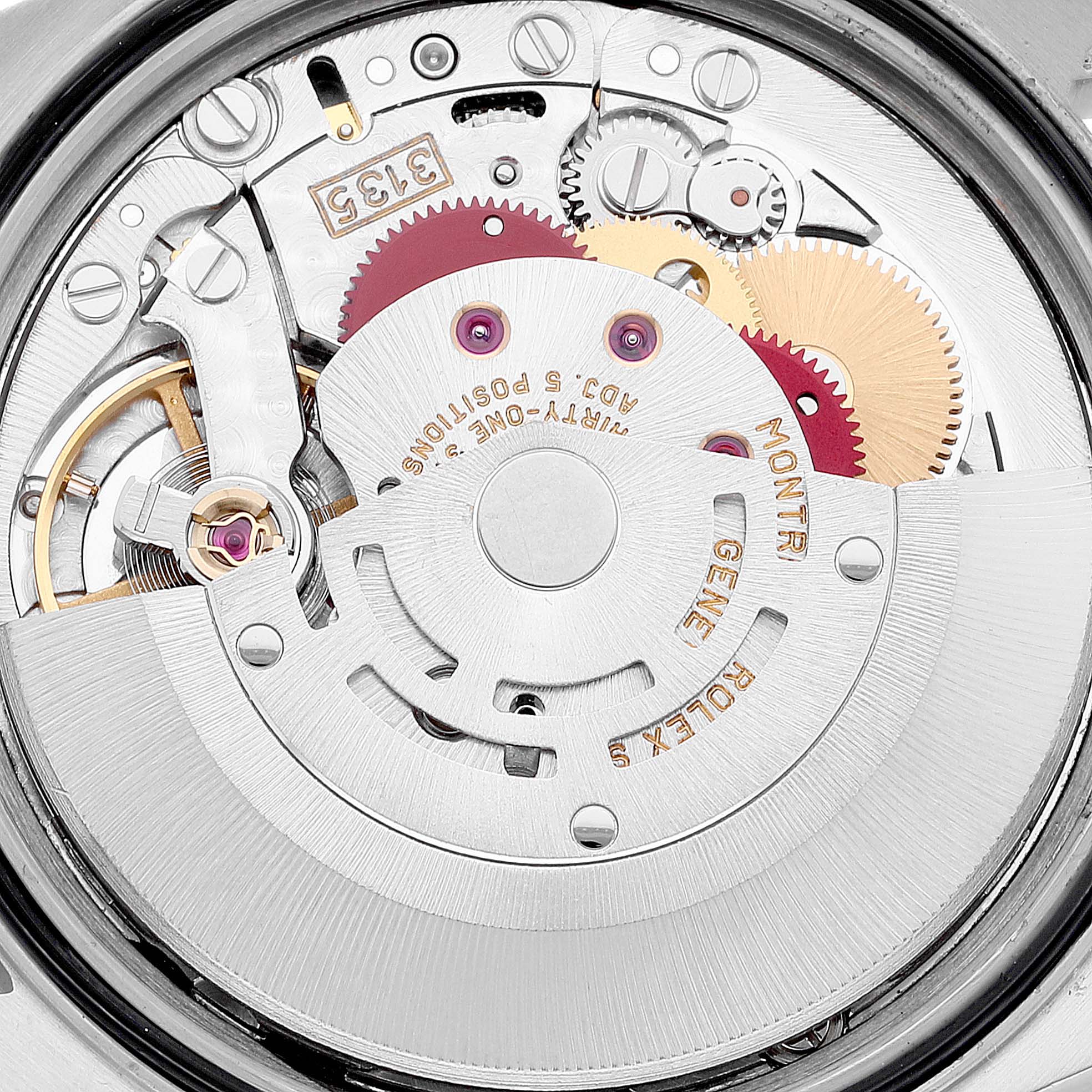 This close-up image shows the intricate inner mechanical workings of a Rolex Datejust 16234 Men's Stainless Steel Black Dial 16234 Men's Stainless Steel Black Dial watch.