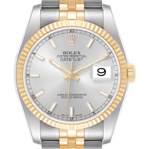 The Rolex Datejust 116233 Men's Stainless Steel Silver Dial watch is shown from a frontal angle, highlighting its dial, fluted bezel, and two-tone bracelet.