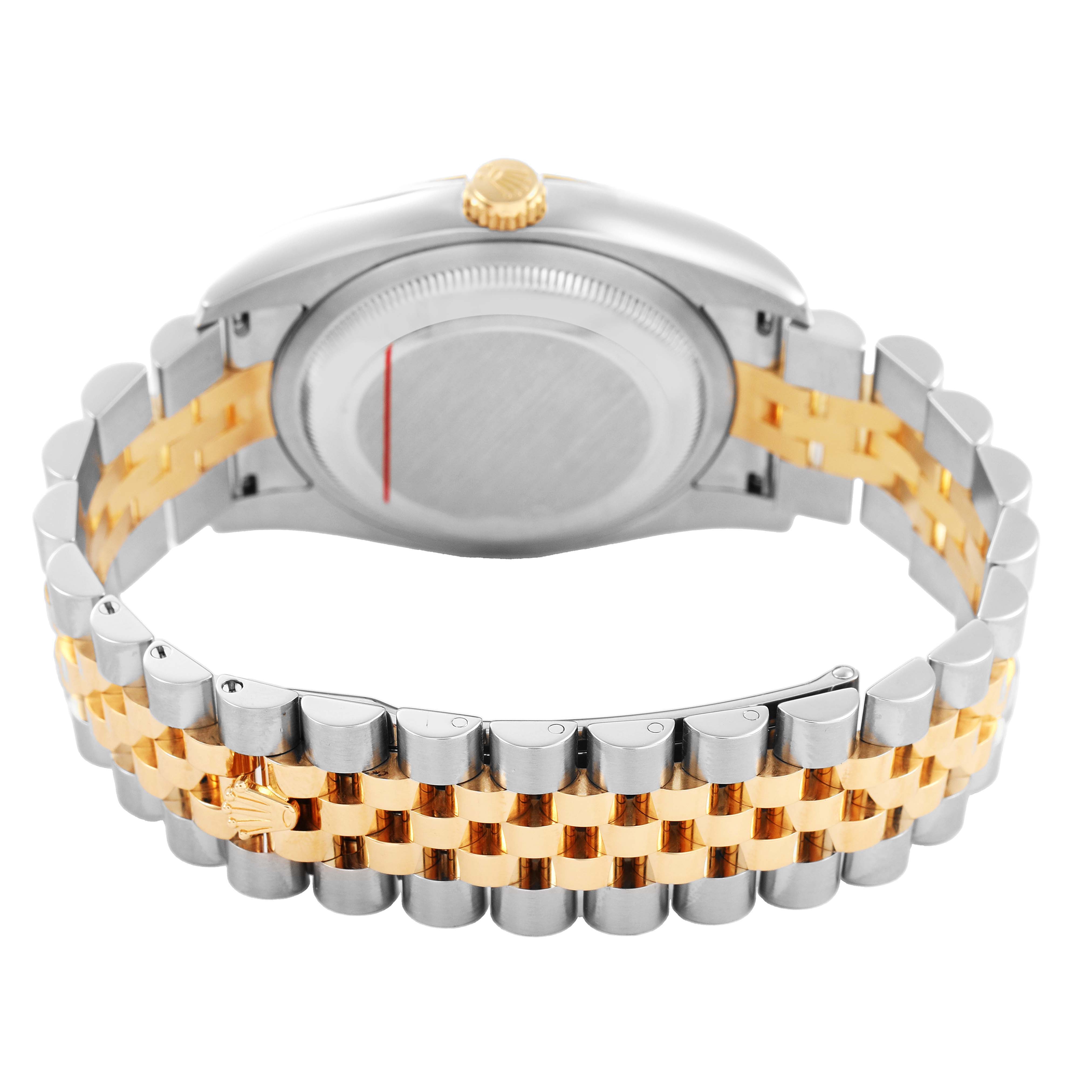 The image shows the back view of a Rolex Datejust 116233 Men's Stainless Steel Silver Dial watch, highlighting the case back and two-tone bracelet.