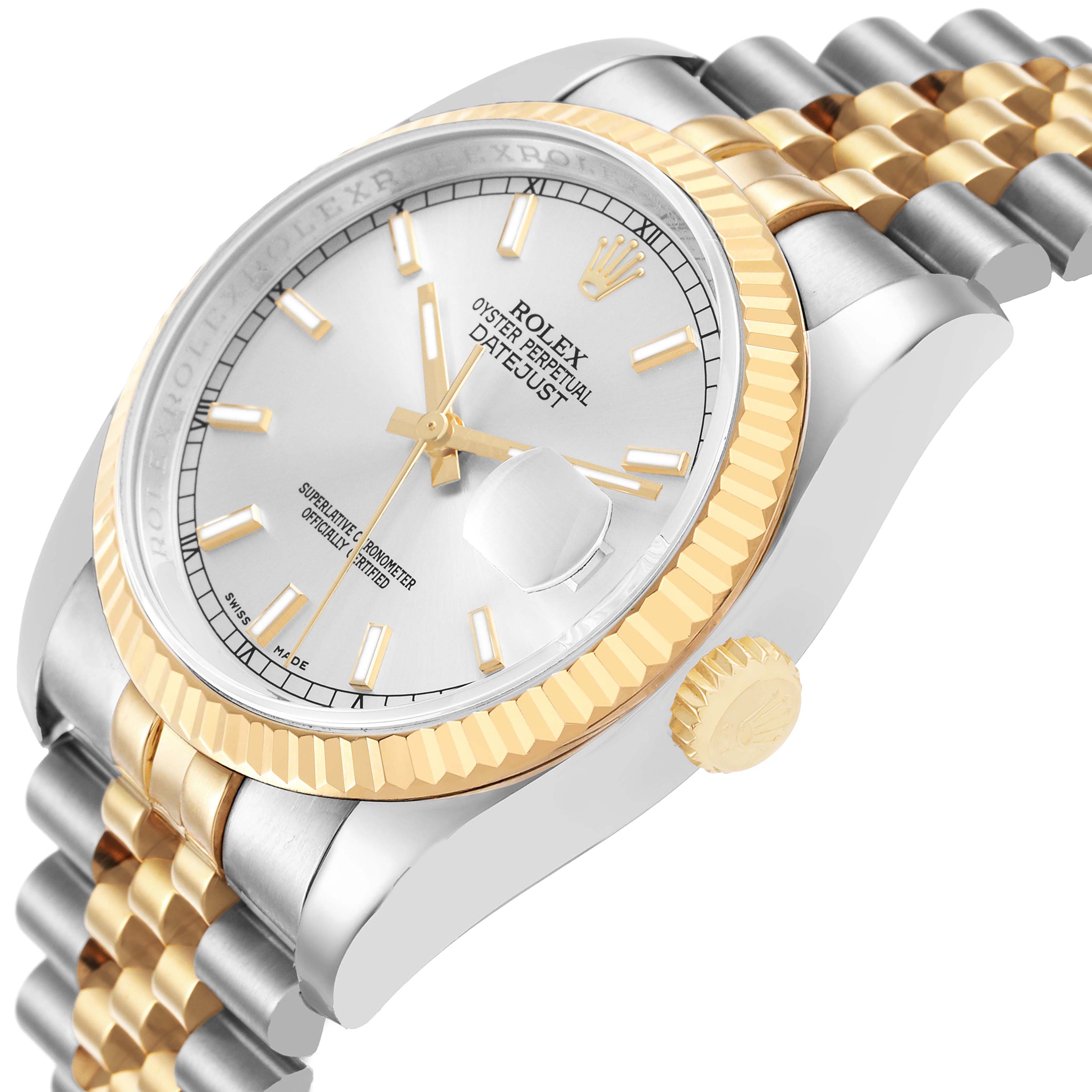 The Rolex Datejust 116233 Men's Stainless Steel Silver Dial watch is shown at an angled view, highlighting the crown, bezel, dial, and Jubilee bracelet.