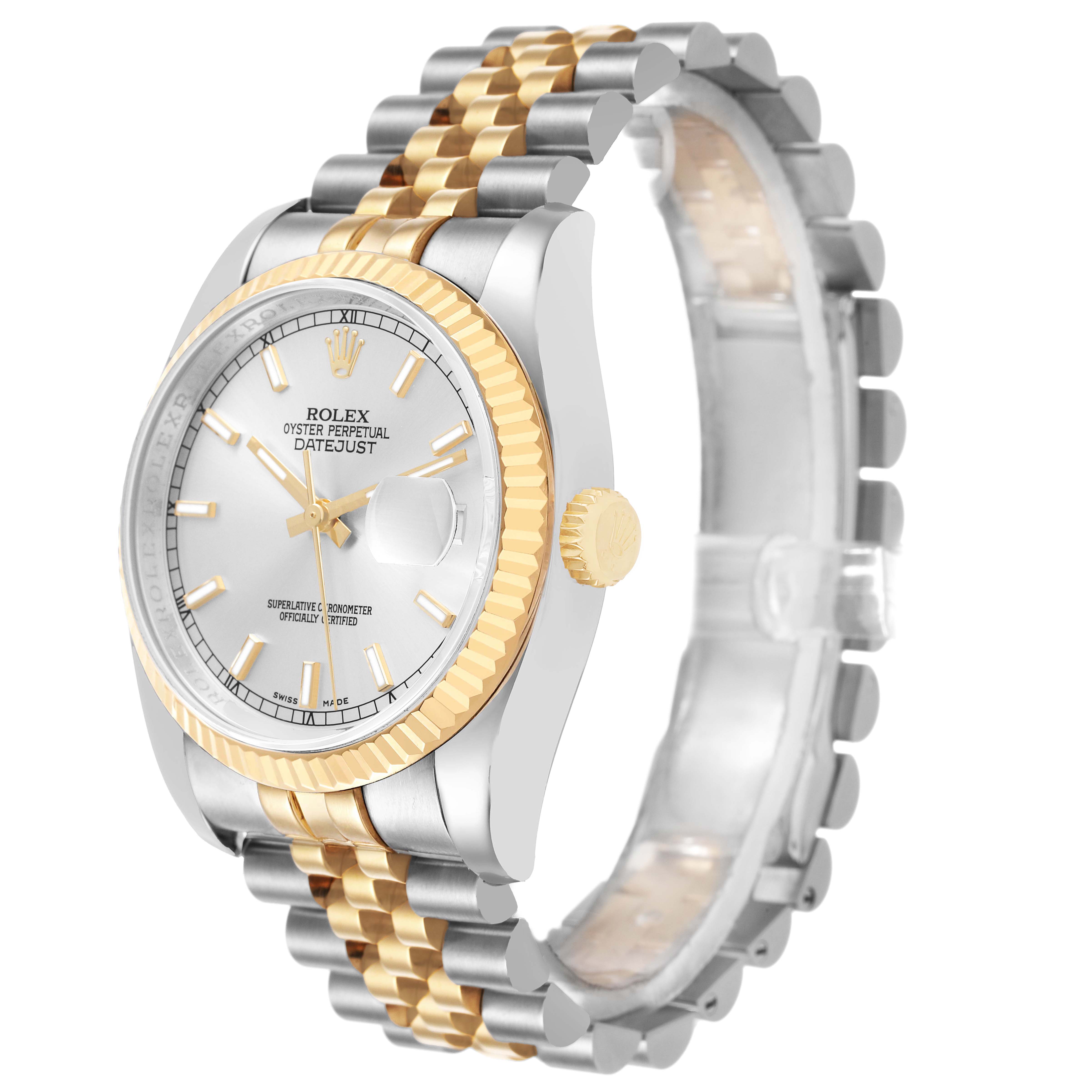 The Rolex Datejust 116233 Men's Stainless Steel Silver Dial watch is shown at an angled side view, highlighting the face, fluted bezel, and Jubilee bracelet.