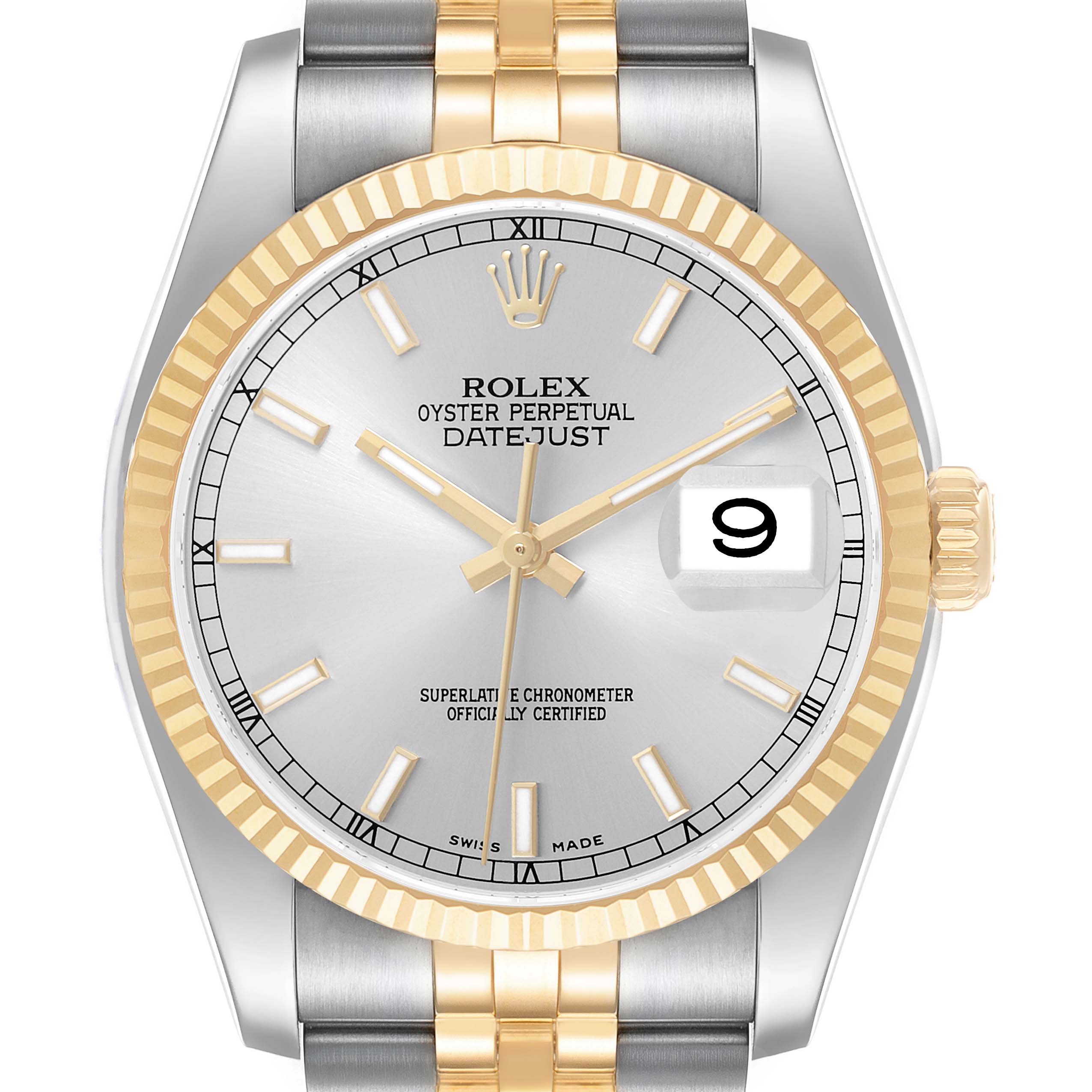 The Rolex Datejust 116233 Men's Stainless Steel Silver Dial watch is shown from the front, displaying its dial, bezel, and part of the bracelet.