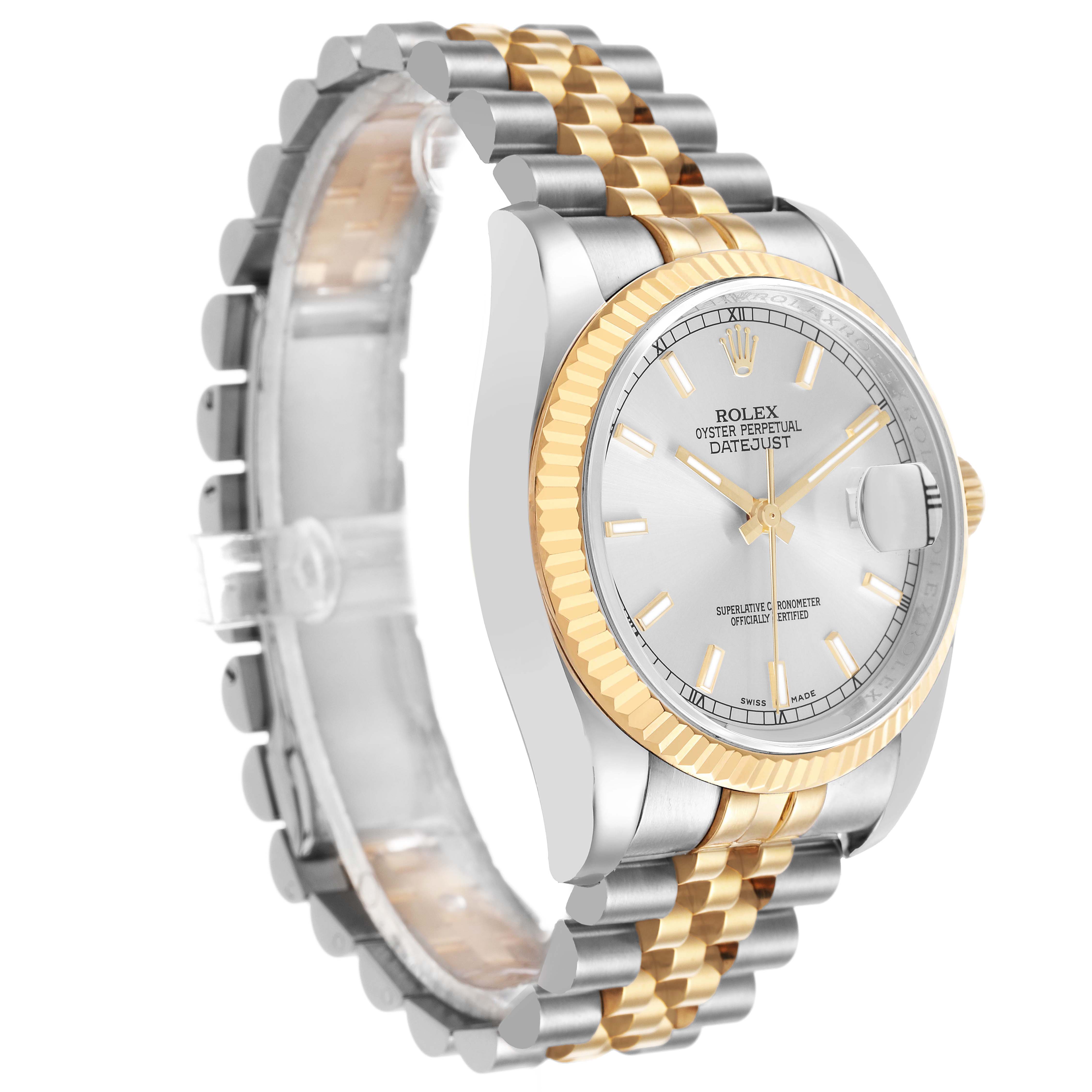 The Rolex Datejust 116233 Men's Stainless Steel Silver Dial watch is shown at a three-quarter angle, highlighting the two-tone bracelet and fluted bezel.