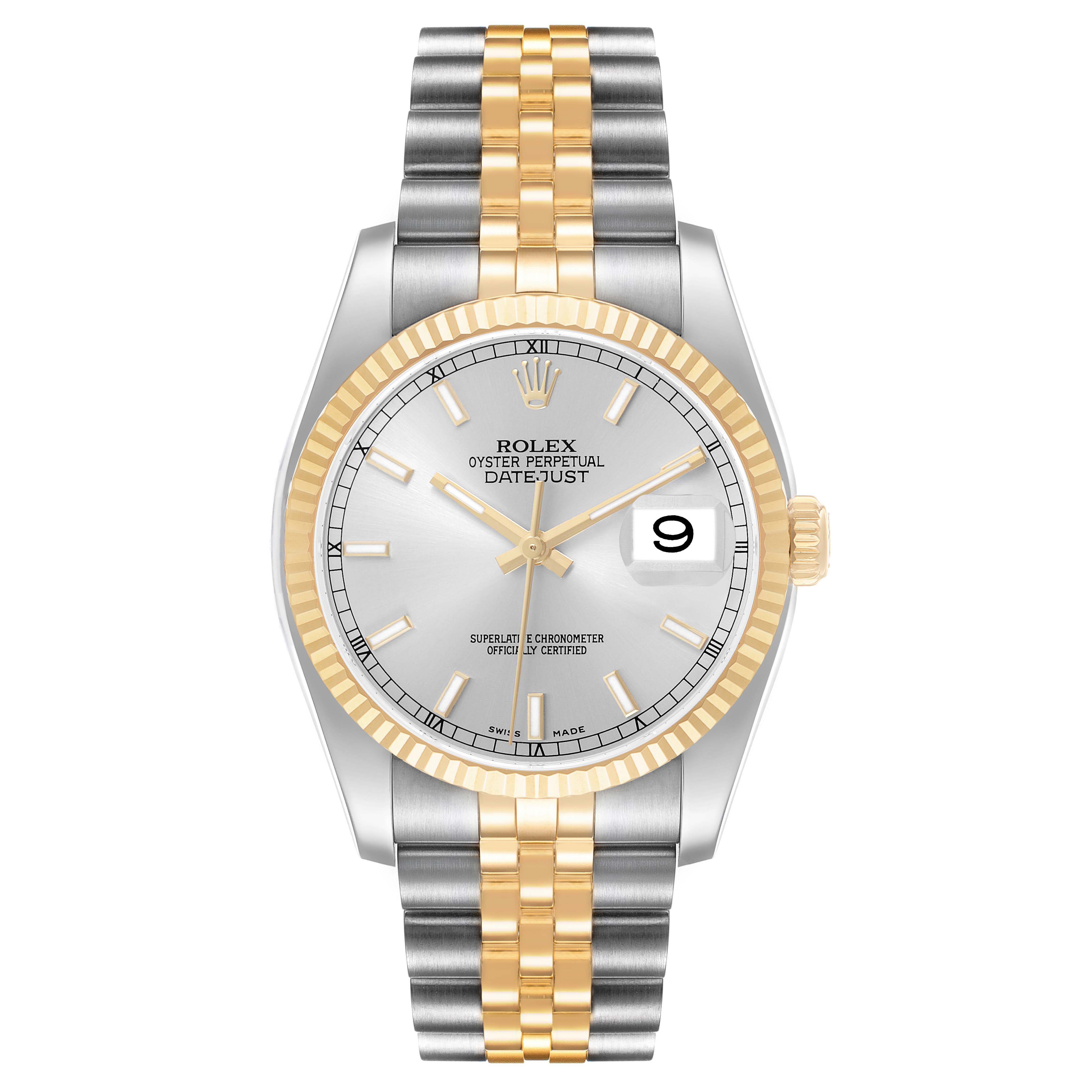 The Rolex Datejust 116233 Men's Stainless Steel Silver Dial watch is shown from a top-down angle, highlighting its dial, bezel, hands, and two-tone bracelet.