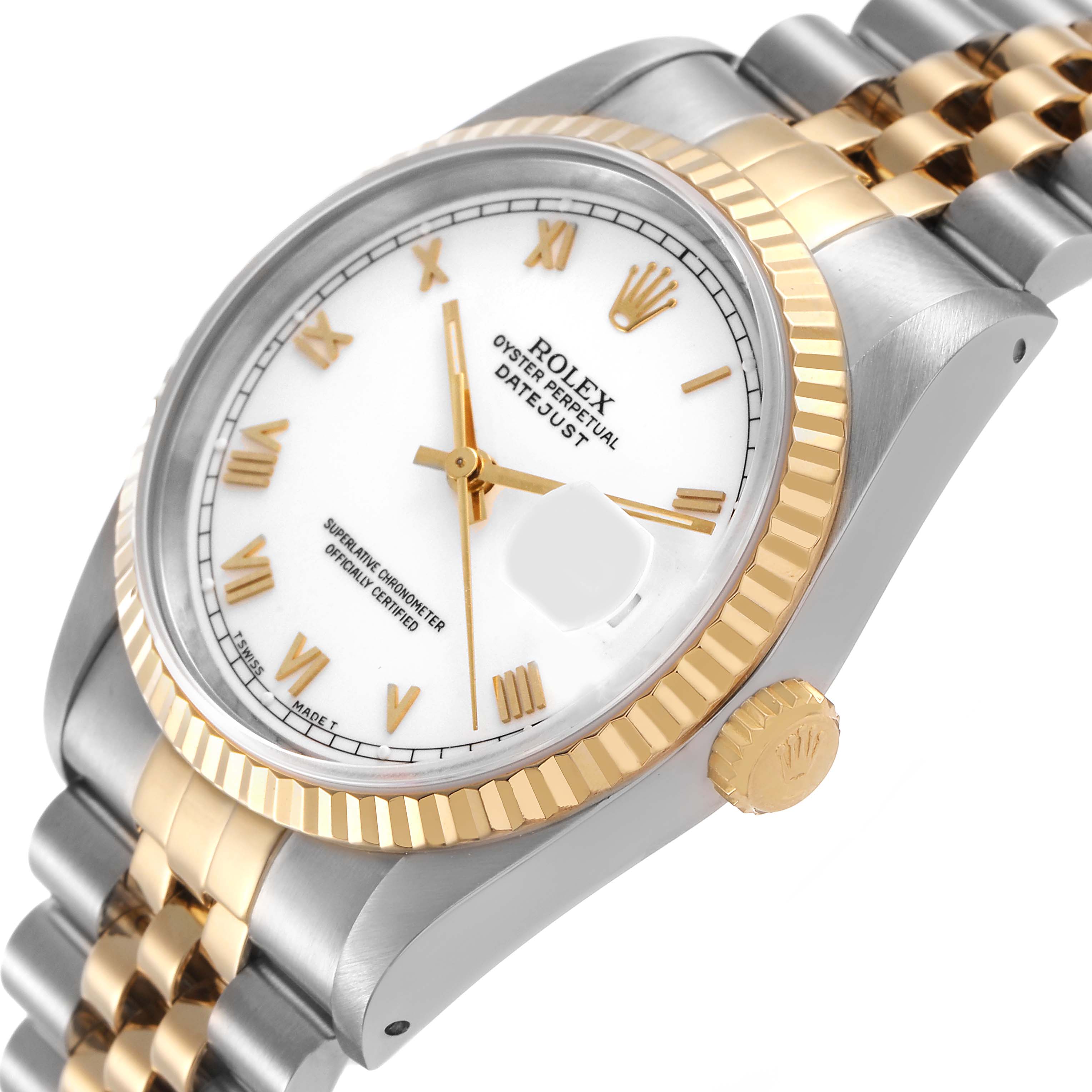 The image shows a side angle of the Rolex Datejust 16233 Men's Steel and Gold (two tone) White Dial, highlighting the bezel, crown, dial, and part of the bracelet.