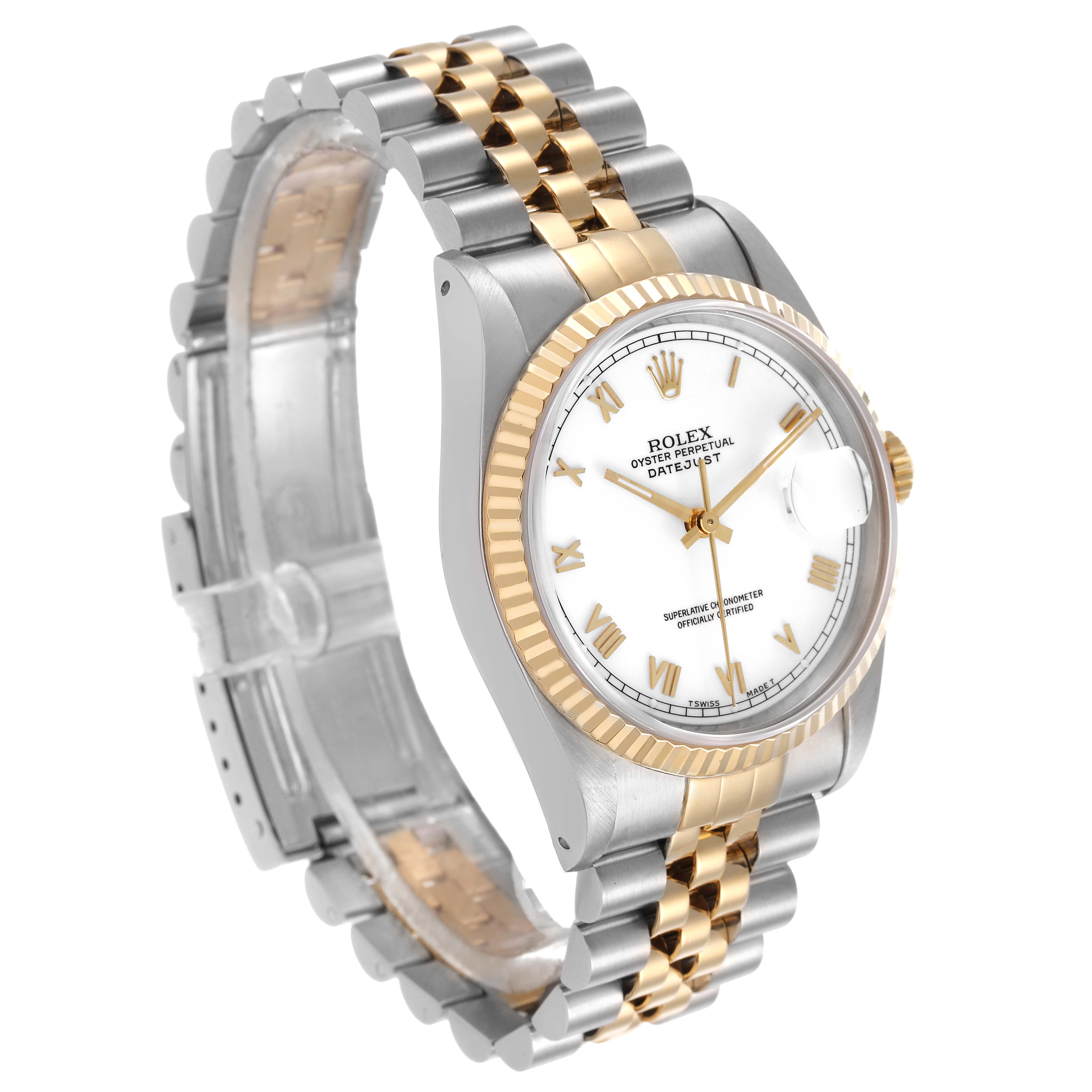 The Rolex Datejust 16233 Men's Steel and Gold (two tone) White Dial watch is shown at an angle highlighting the dial, jubilee bracelet, fluted bezel, and side profile.