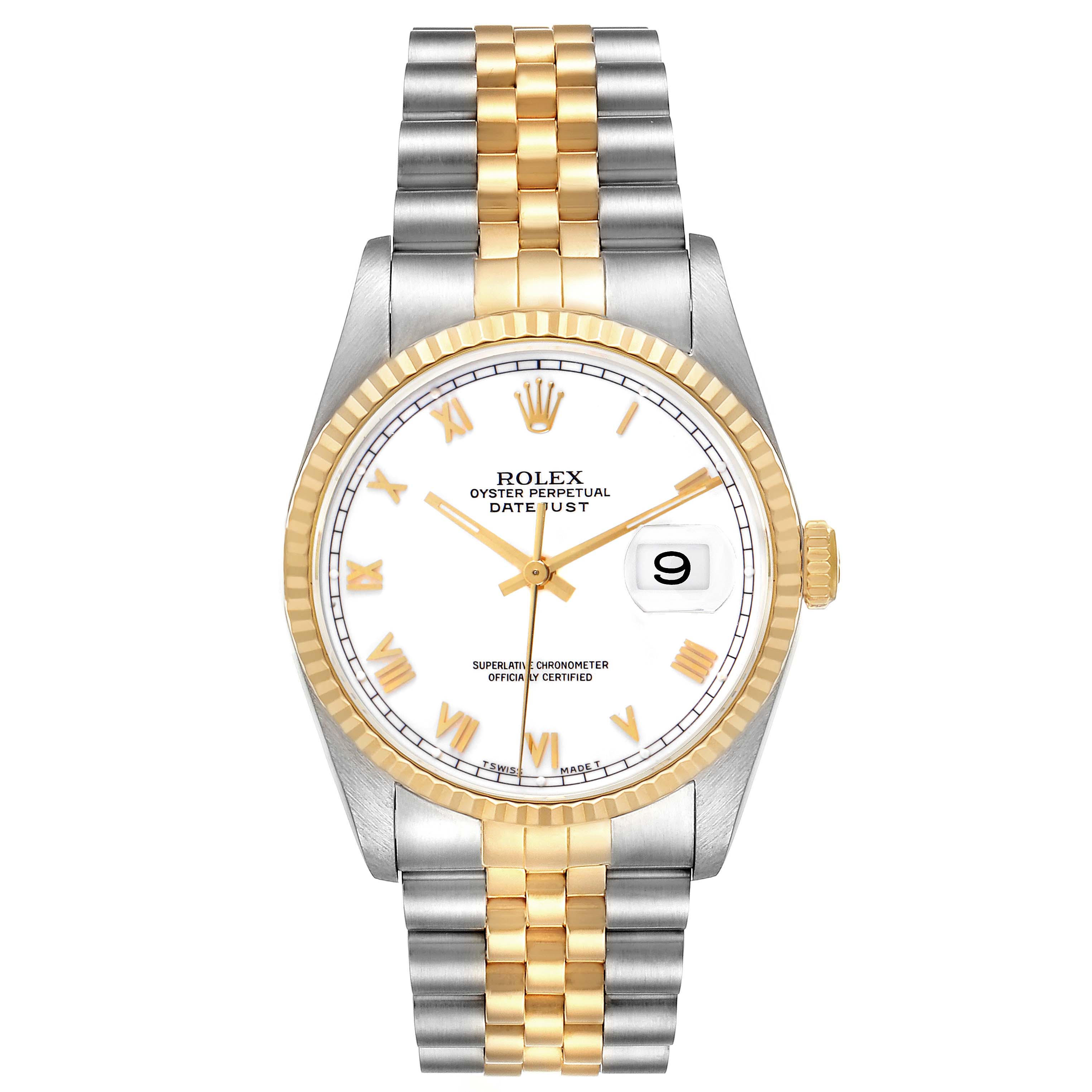 The Rolex Datejust 16233 Men's Steel and Gold (two tone) White Dial watch is shown from the front, highlighting the dial, bezel, and Jubilee bracelet in silver and gold.